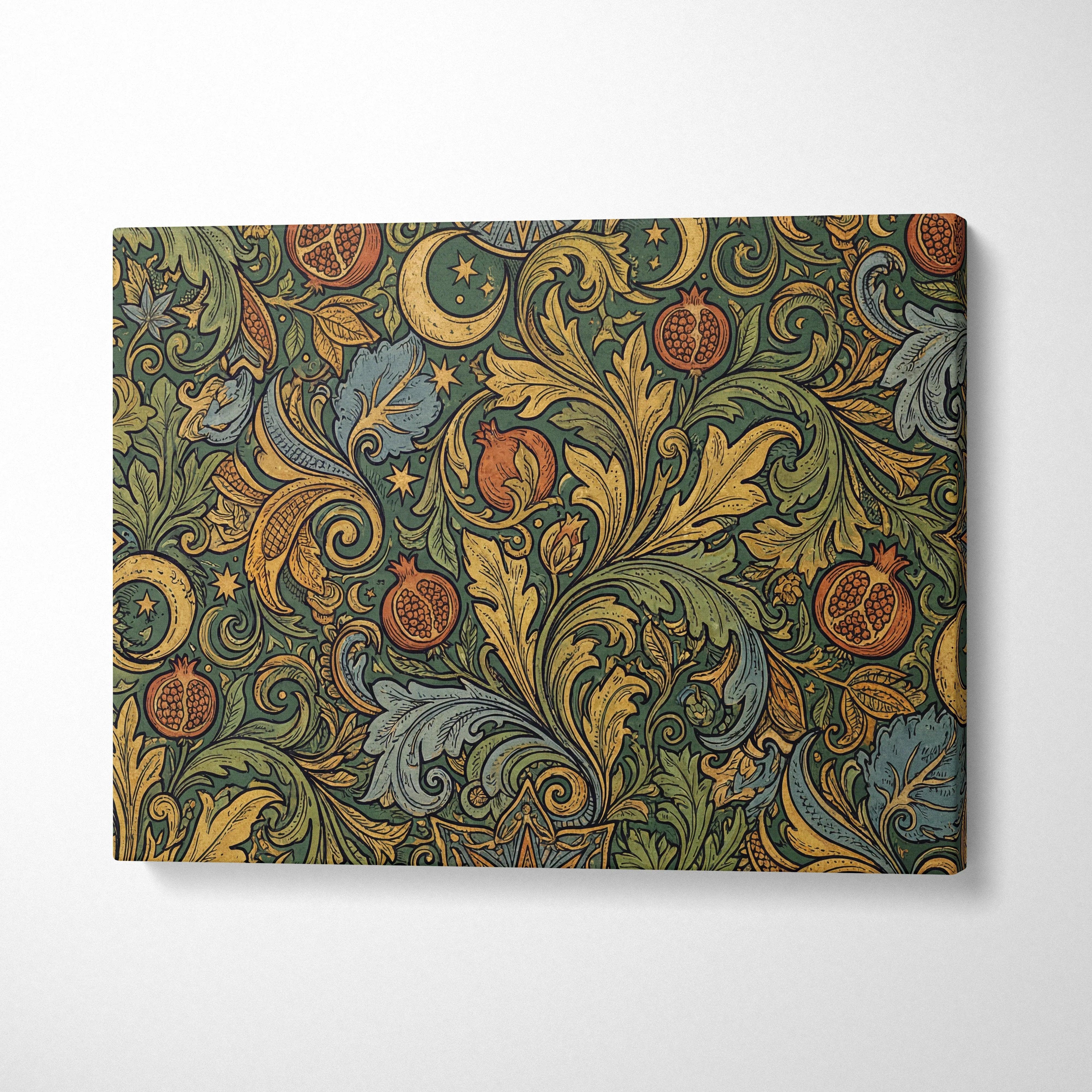 Elegant ornate botanical scrollwork canvas wall art in gold sage green teal tones