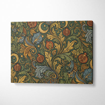 Elegant ornate botanical scrollwork canvas wall art in gold sage green teal tones