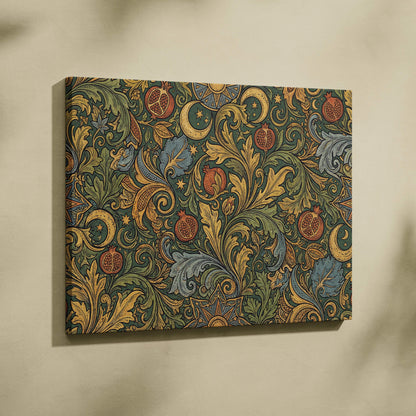 Elegant ornate botanical scrollwork canvas wall art in gold, sage green, teal tones