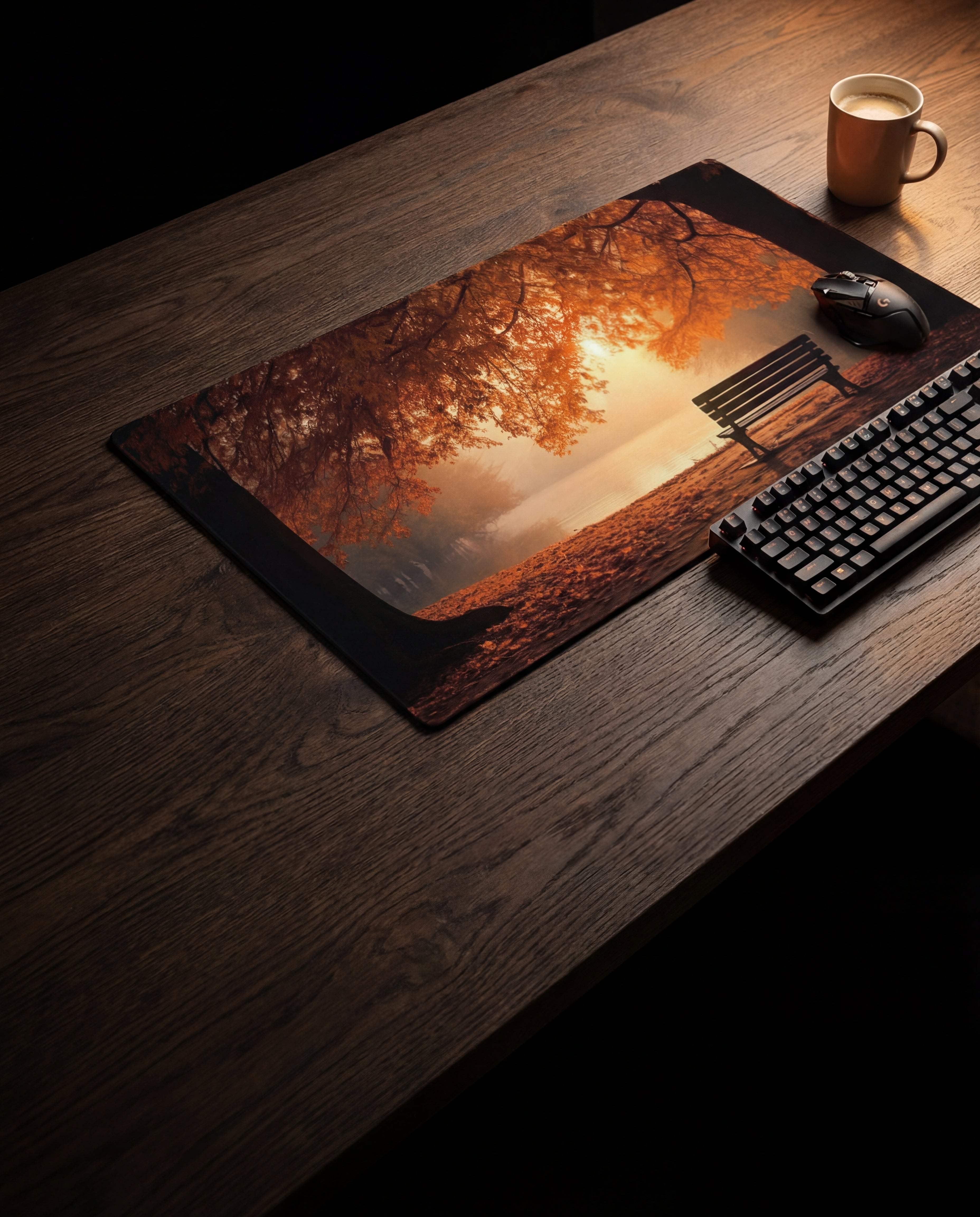 A rectangular mousepad featuring a vivid autumn scene with orange and golden tree branches arching over a park bench, set against a warm sunset backdrop.