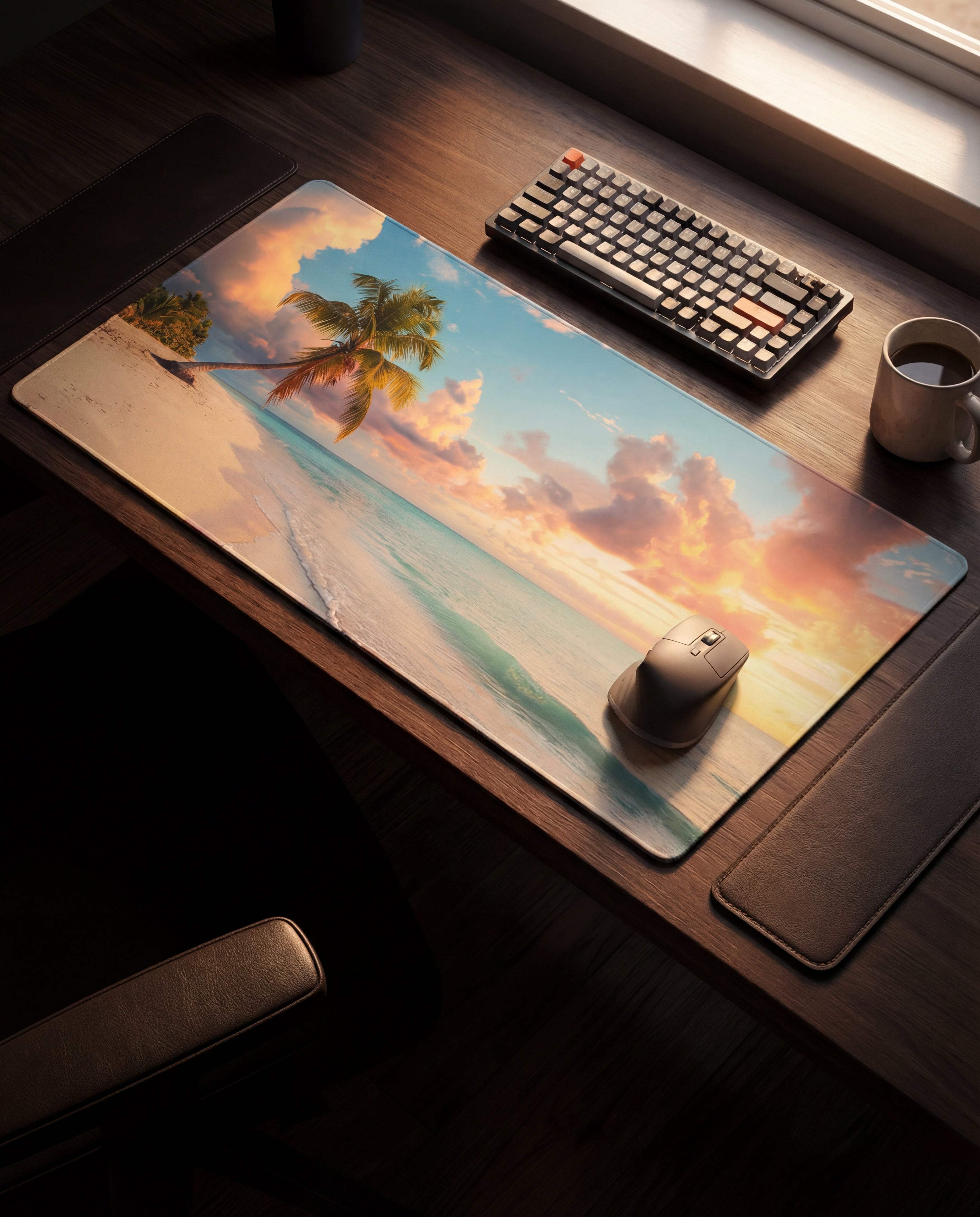 Beige and blue tropical beach scene mousepad with palm trees, sunset clouds, and ocean waves printed on a smooth surface.