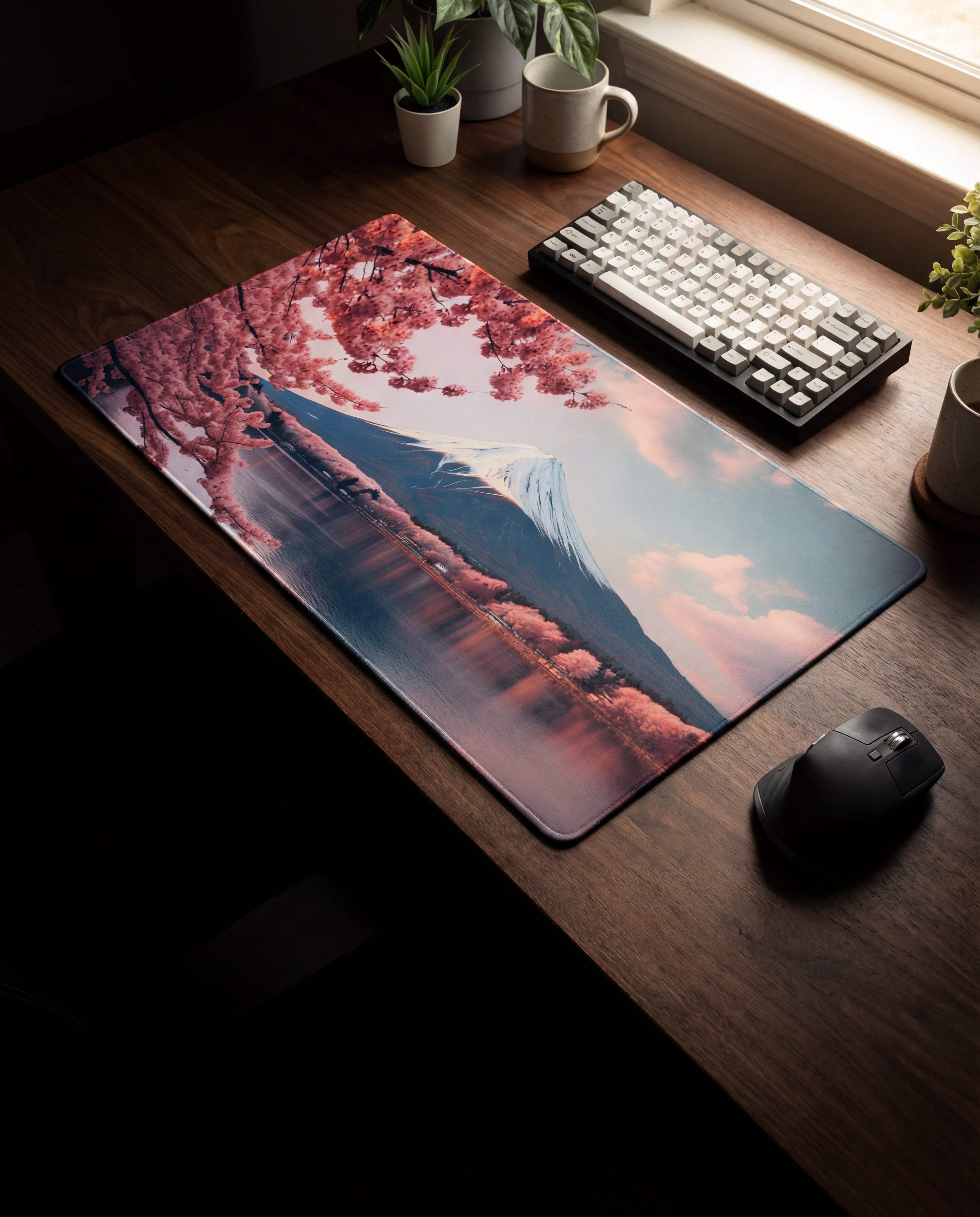 A rectangular gaming mousepad featuring a vivid print of mount fuji surrounded by pink cherry blossoms and their reflection in water, with soft pastel skies above.