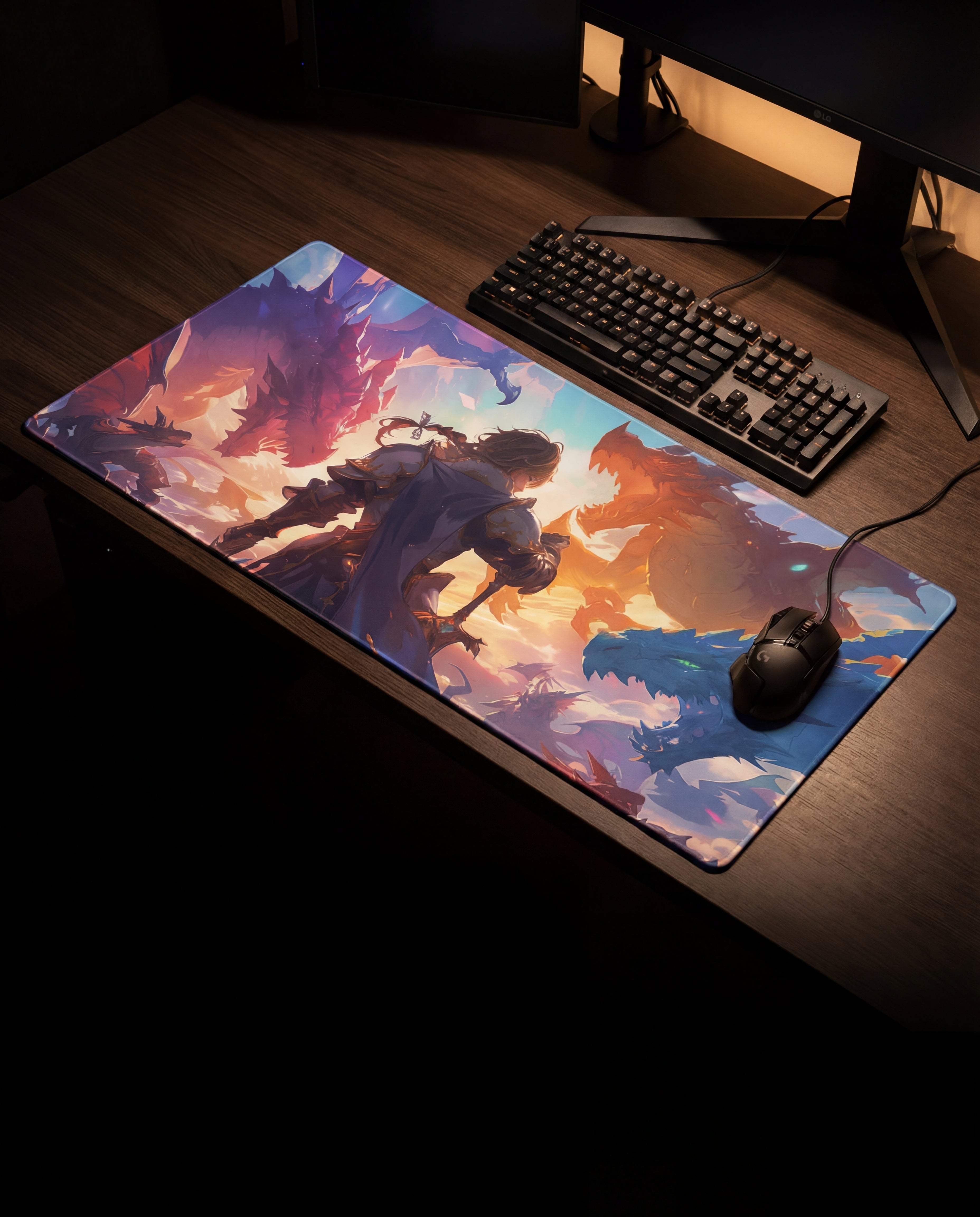 Vibrant, fantasy-themed gaming mousepad featuring a dynamic illustration of armored figures battling dragons against a fiery sky backdrop.
