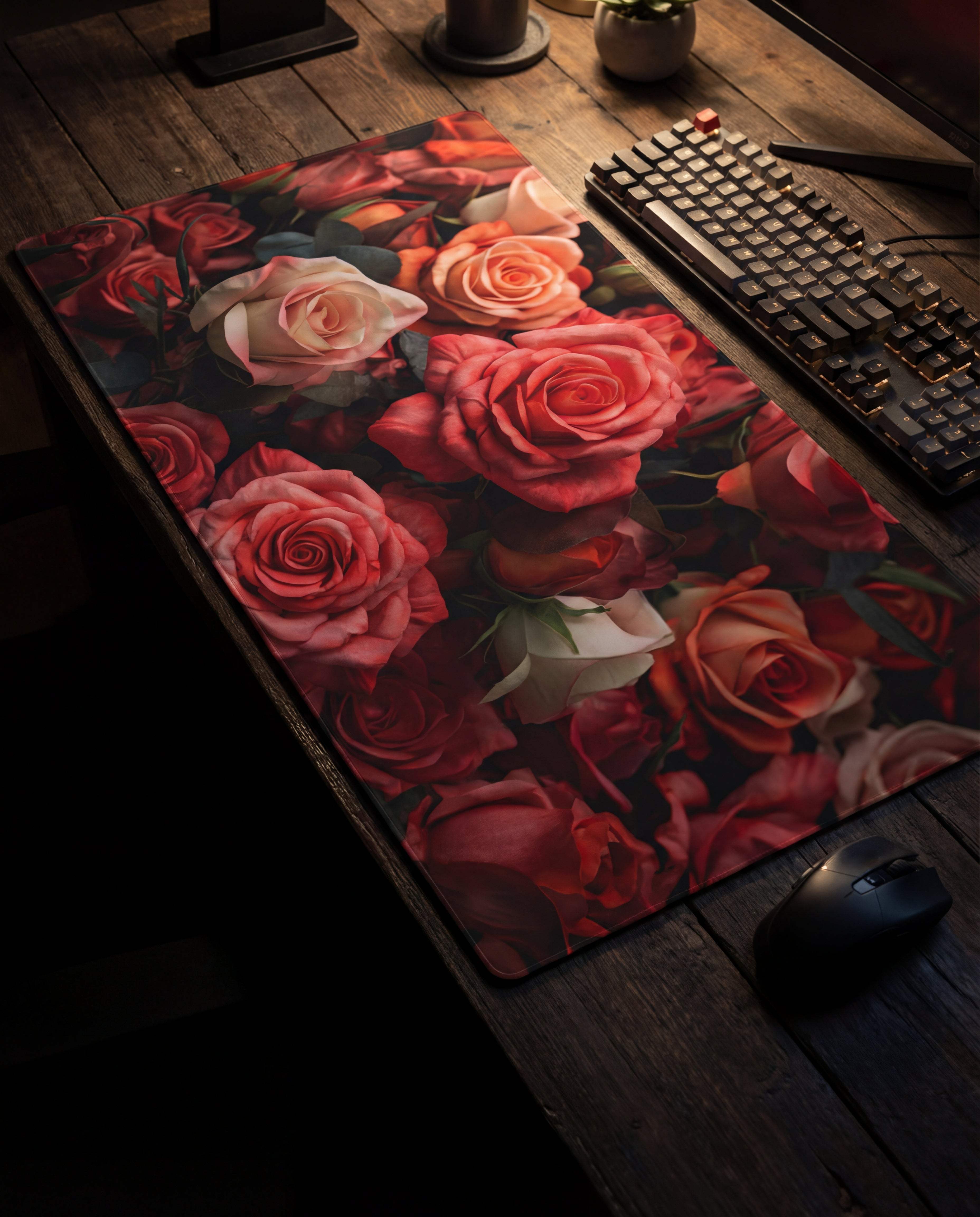A rectangular mousepad featuring a vibrant, high-resolution print of densely packed roses in shades of deep red, coral pink, and creamy white.
