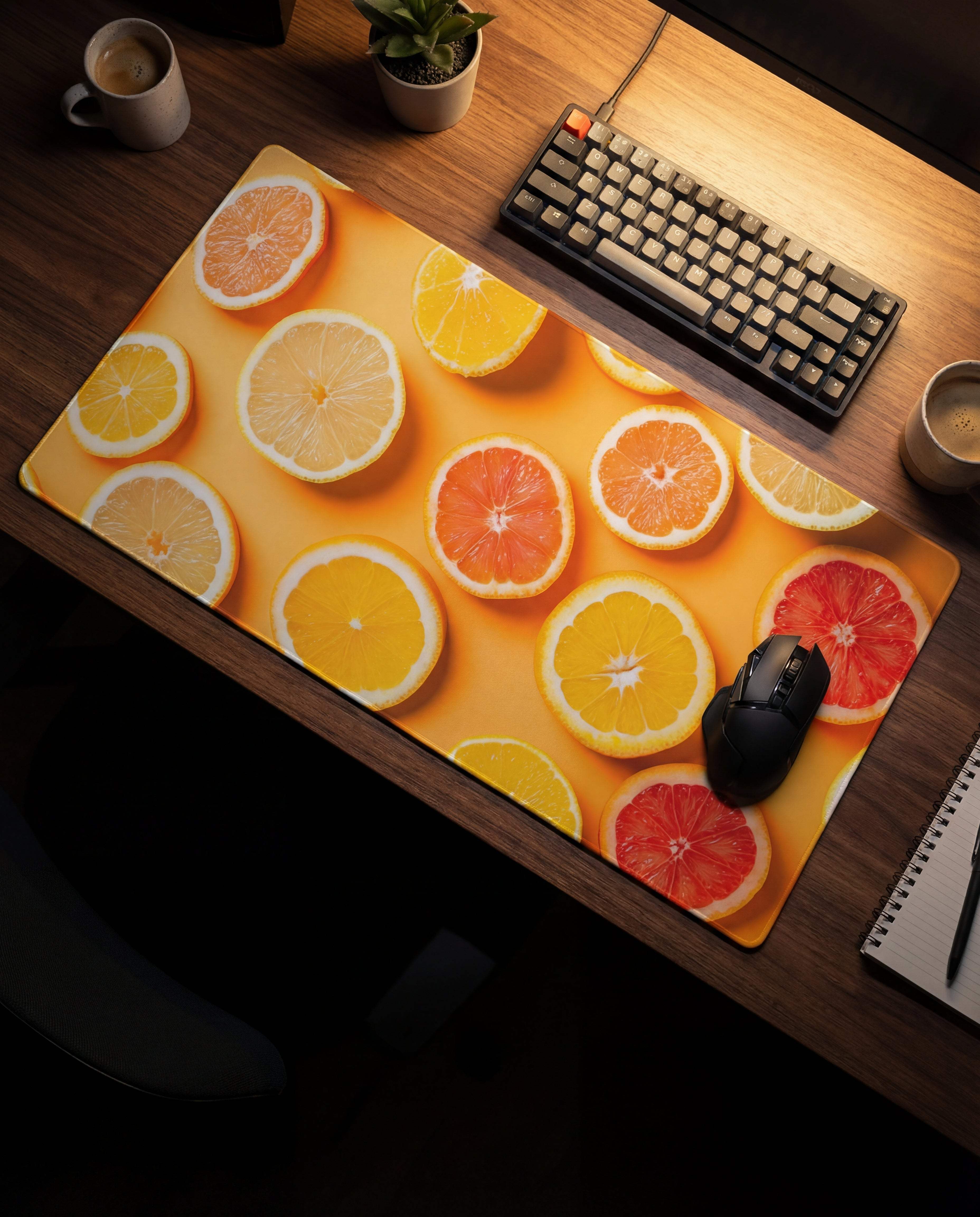 Vibrant orange citrus slice patterned gaming mousepad with a glossy finish.