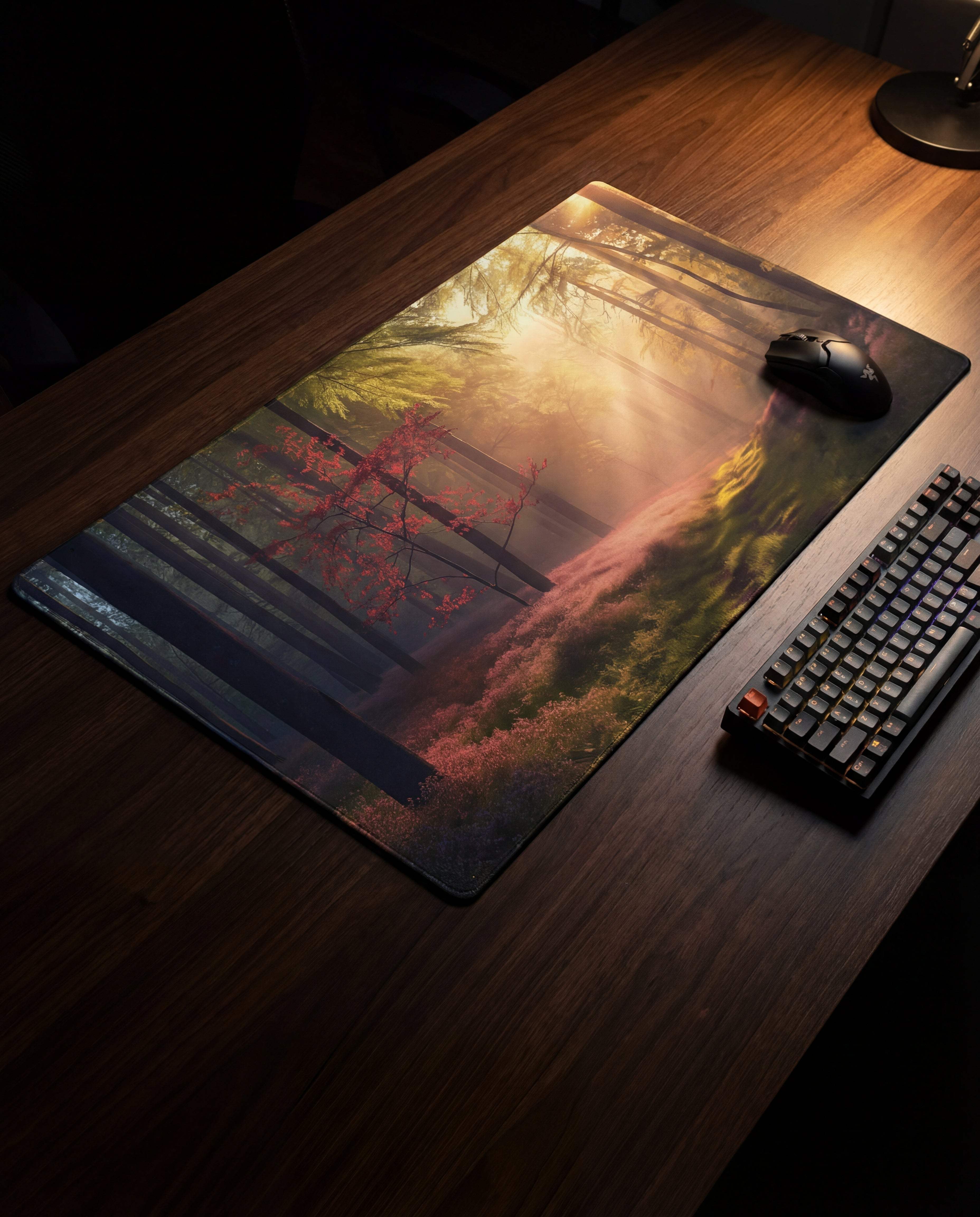 A rectangular gaming mousepad featuring a vivid forest scene with golden light filtering through trees and pink blossoms, printed on a smooth surface.