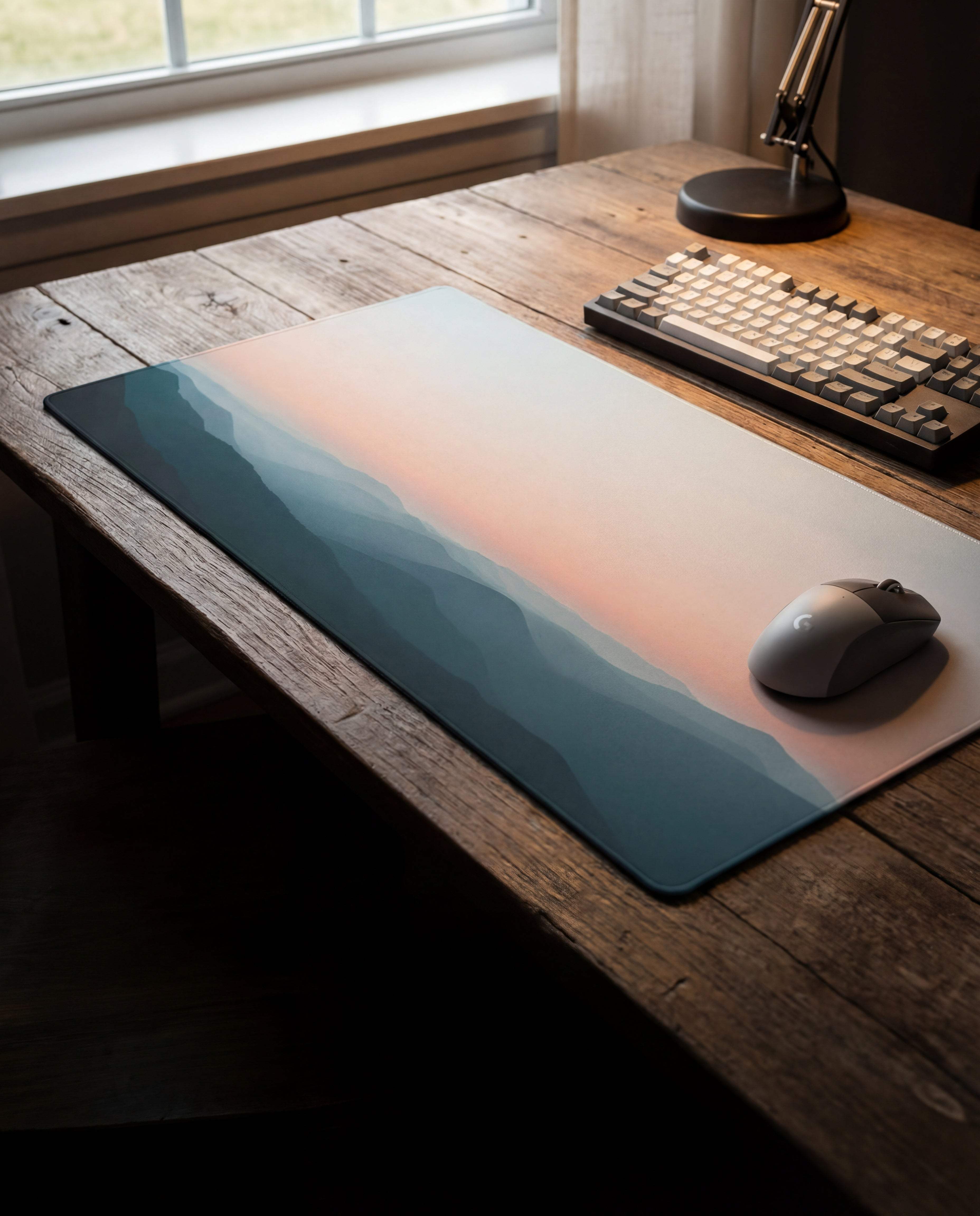 A rectangular mousepad with a gradient design featuring soft peach, pale pink, and muted blue hues depicting stylized mountain silhouettes.
