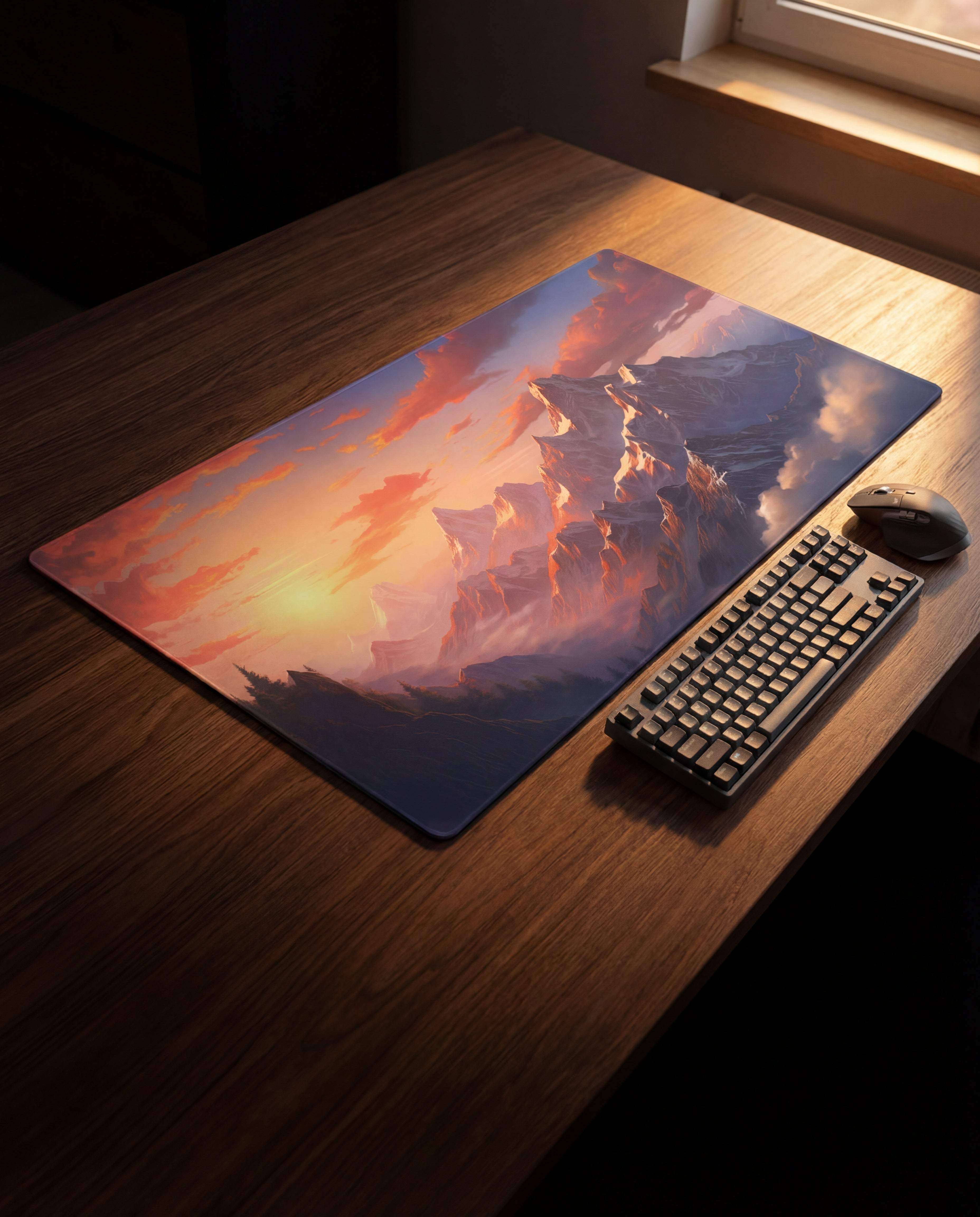 A rectangular gaming mousepad featuring a vivid sunset scene with orange and purple hues over jagged mountain peaks, printed on a smooth surface.