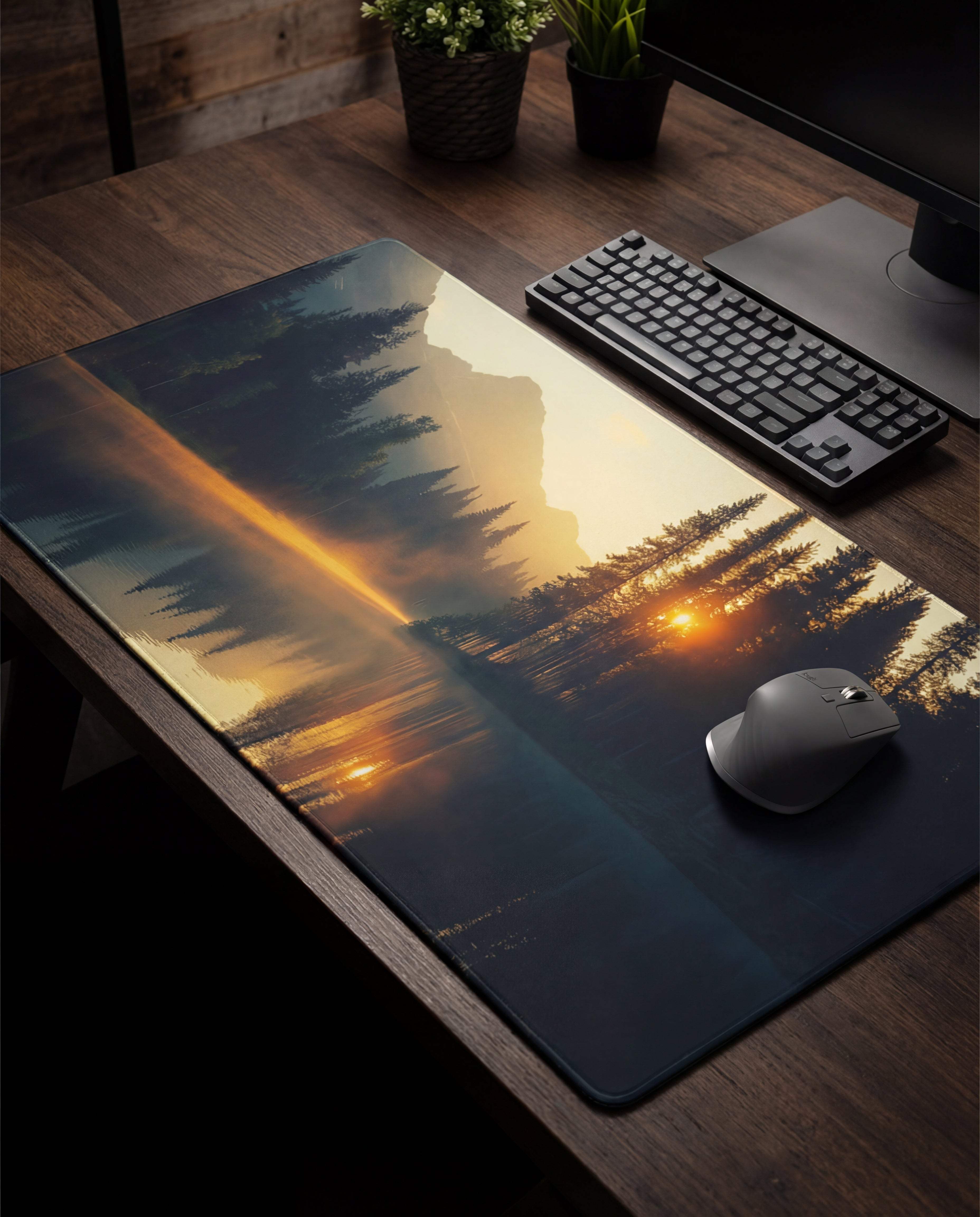 A rectangular gaming mousepad featuring a vivid sunset over pine trees reflected on water, with warm orange and golden hues against deep blues.
