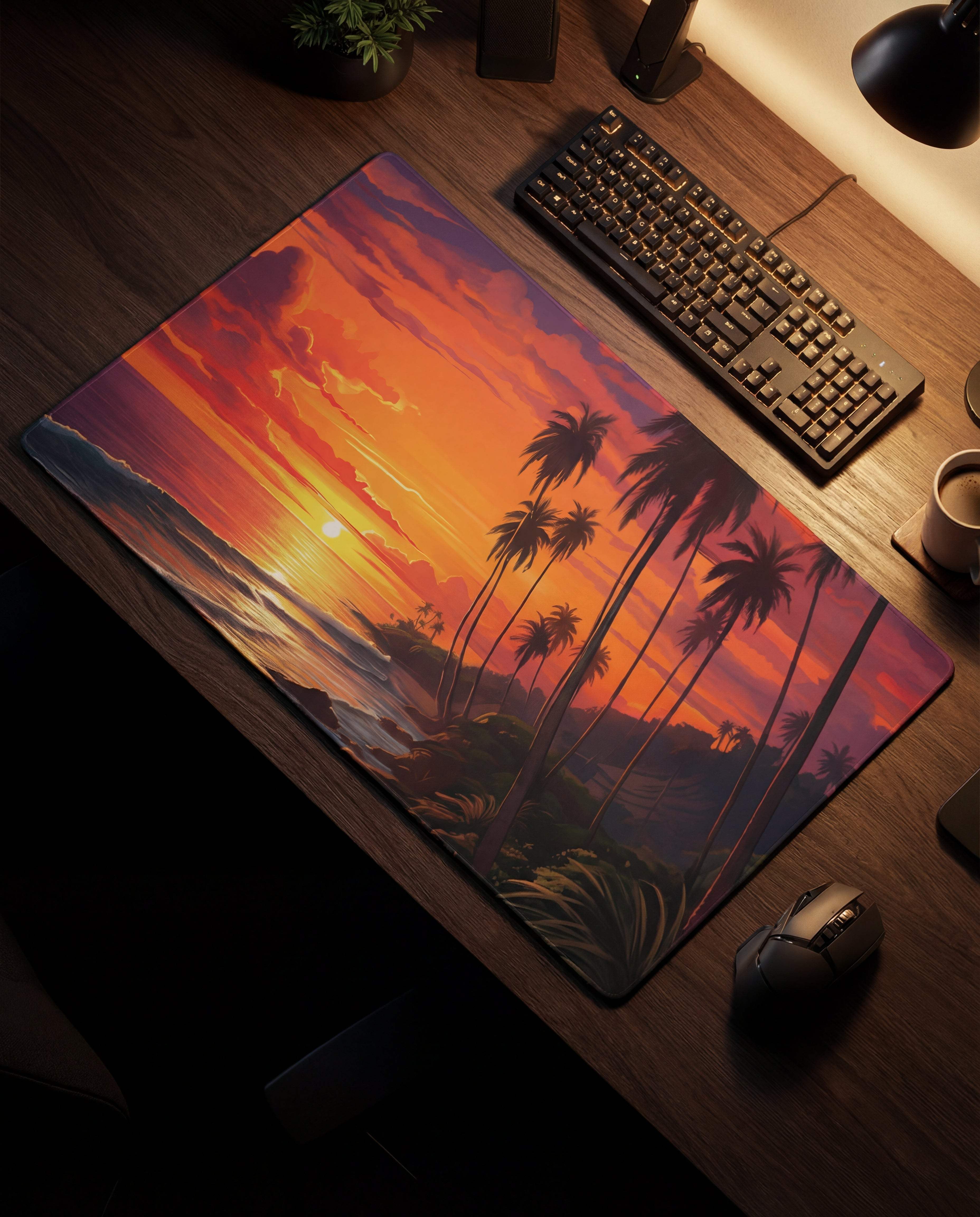 Vibrant sunset beach scene printed on a rectangular gaming mousepad with palm trees and ocean waves, featuring warm orange, pink, and purple hues.