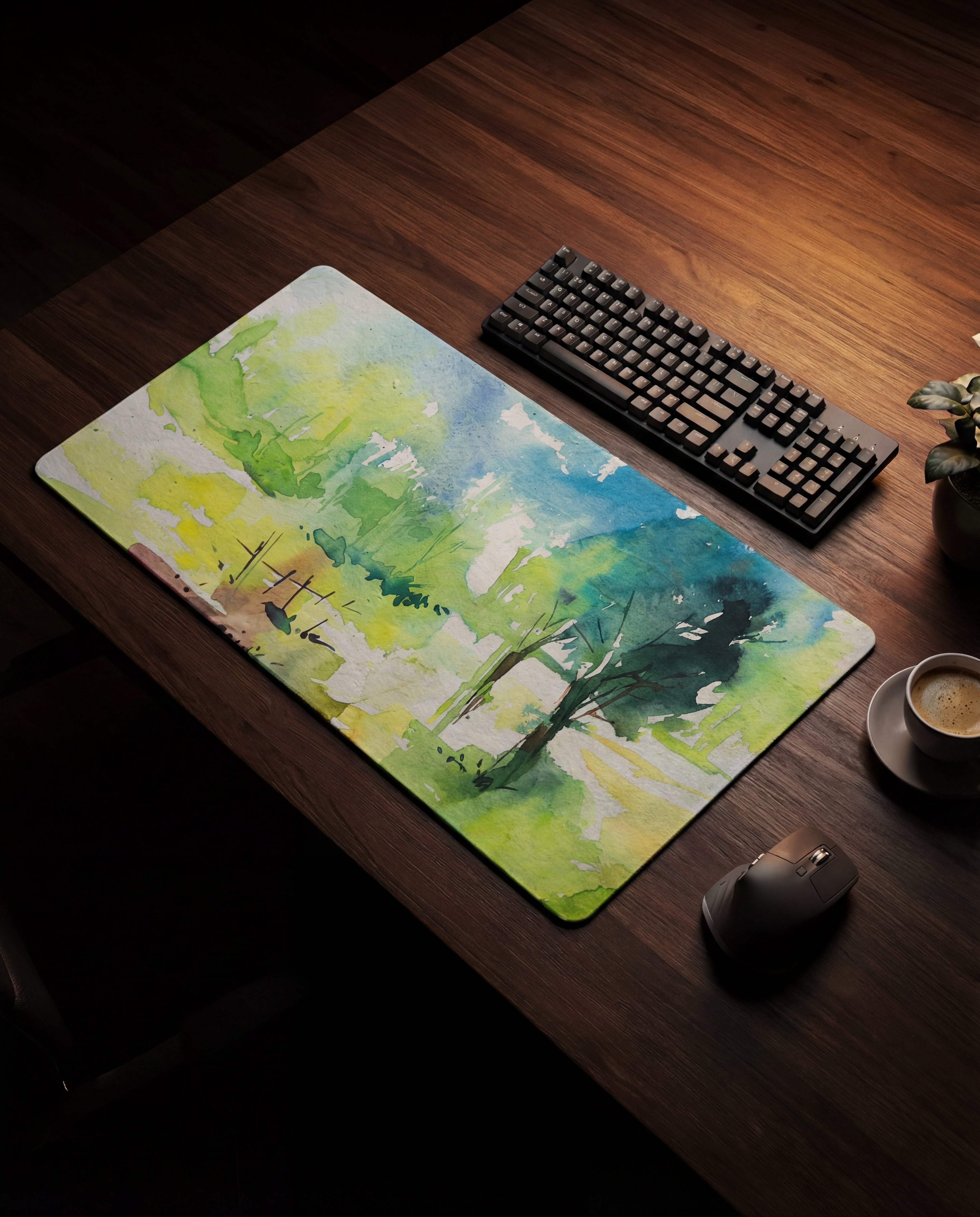 A rectangular mousepad featuring a vibrant watercolor landscape design with blended greens, yellows, and blues.