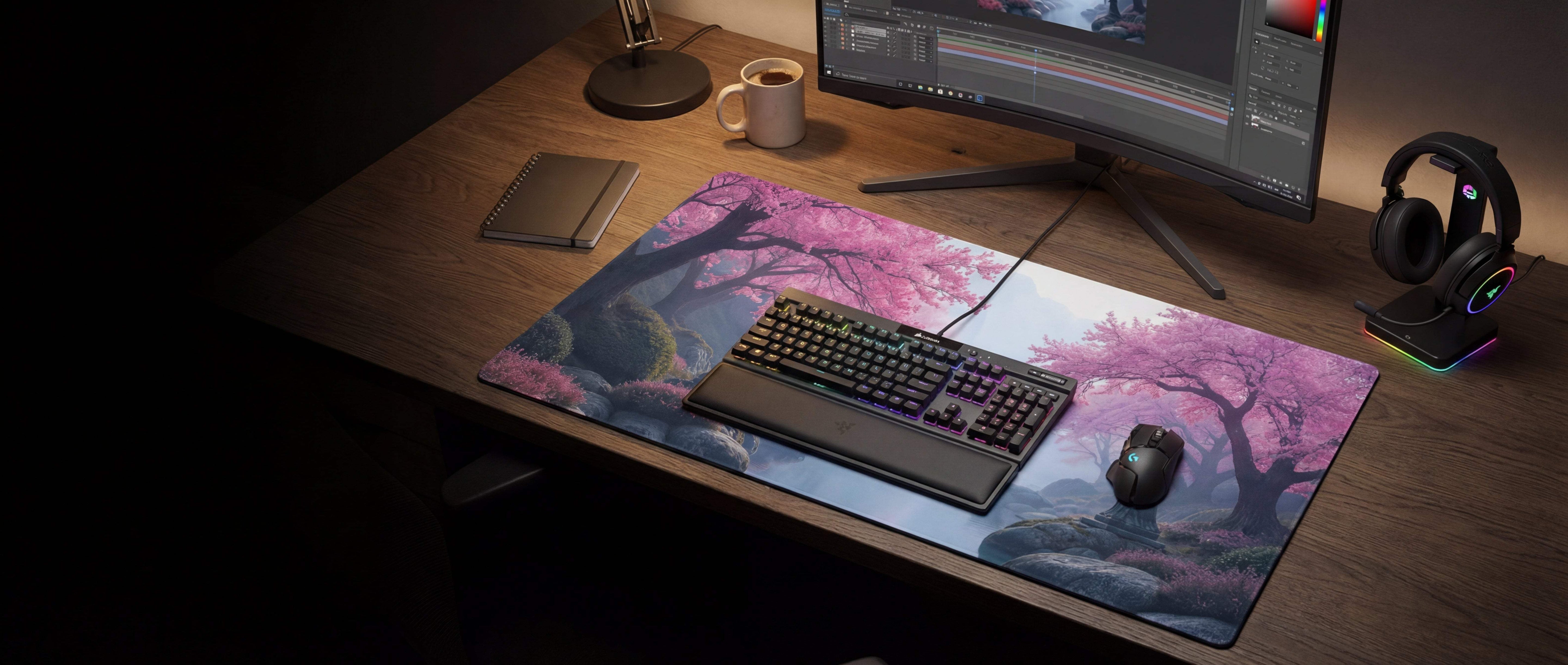 A rectangular gaming mousepad featuring a vibrant pink cherry blossom tree design with dark silhouettes of trees and rocks, set against a soft gradient background.