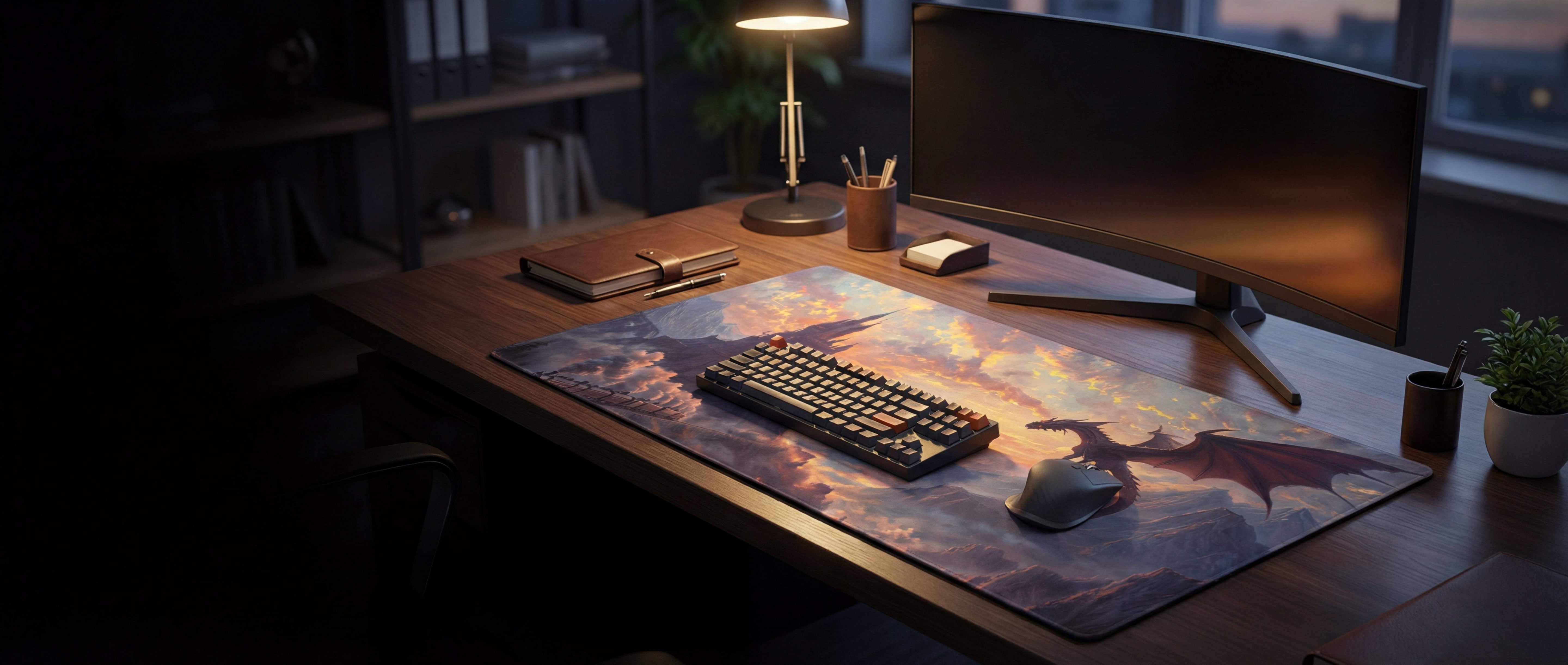 A dark, fantasy-themed gaming mousepad featuring a dragon soaring over a fiery sky with warm orange and purple hues.