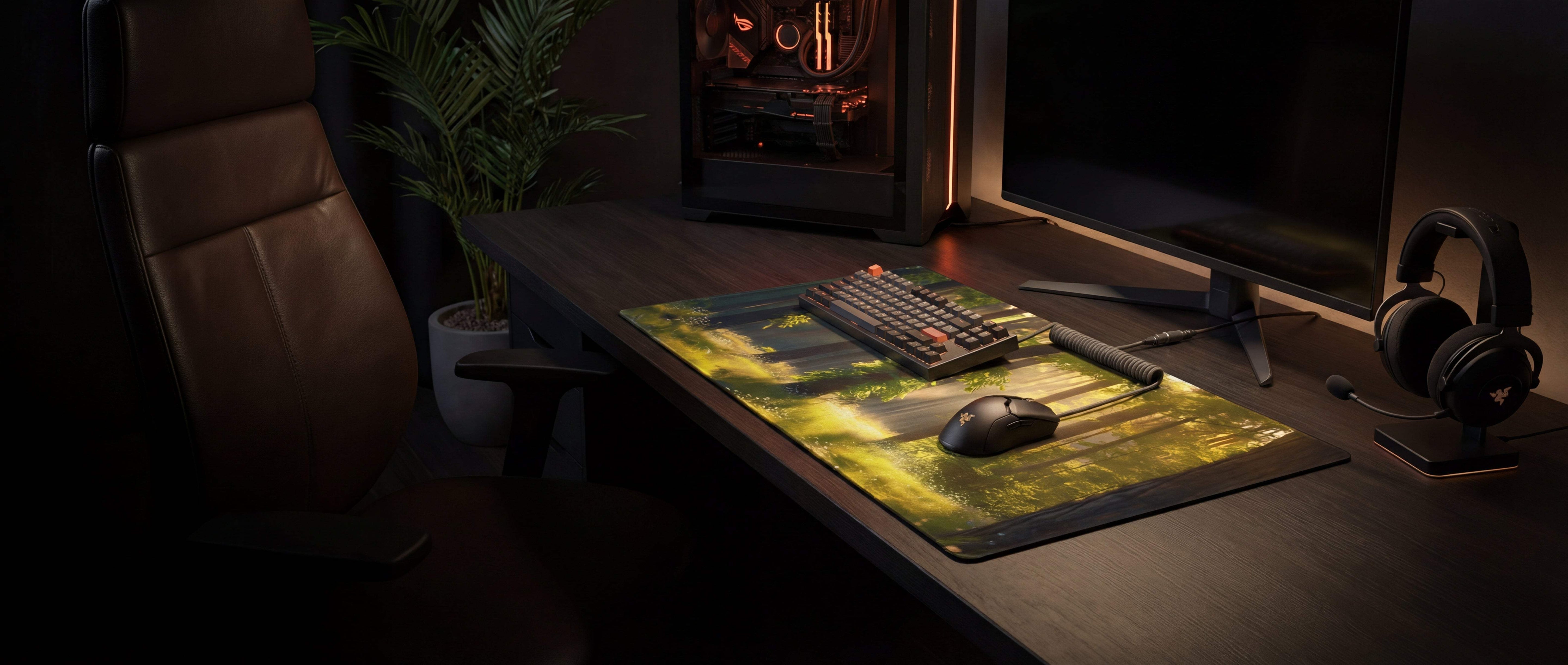 Green forest-themed gaming mousepad with a textured surface and subtle glow.
