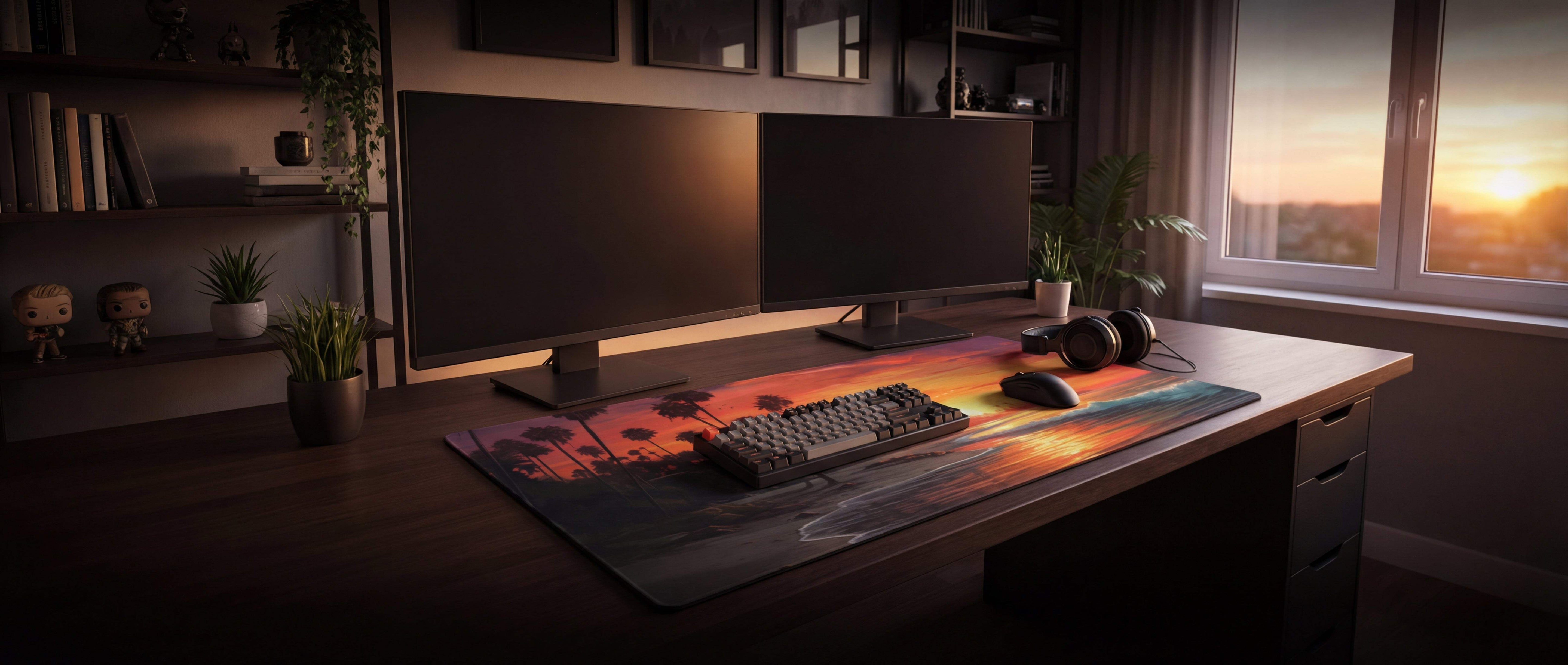 A vibrant sunset-themed gaming mousepad with a palm tree design, featuring smooth surface material and colorful gradient hues.