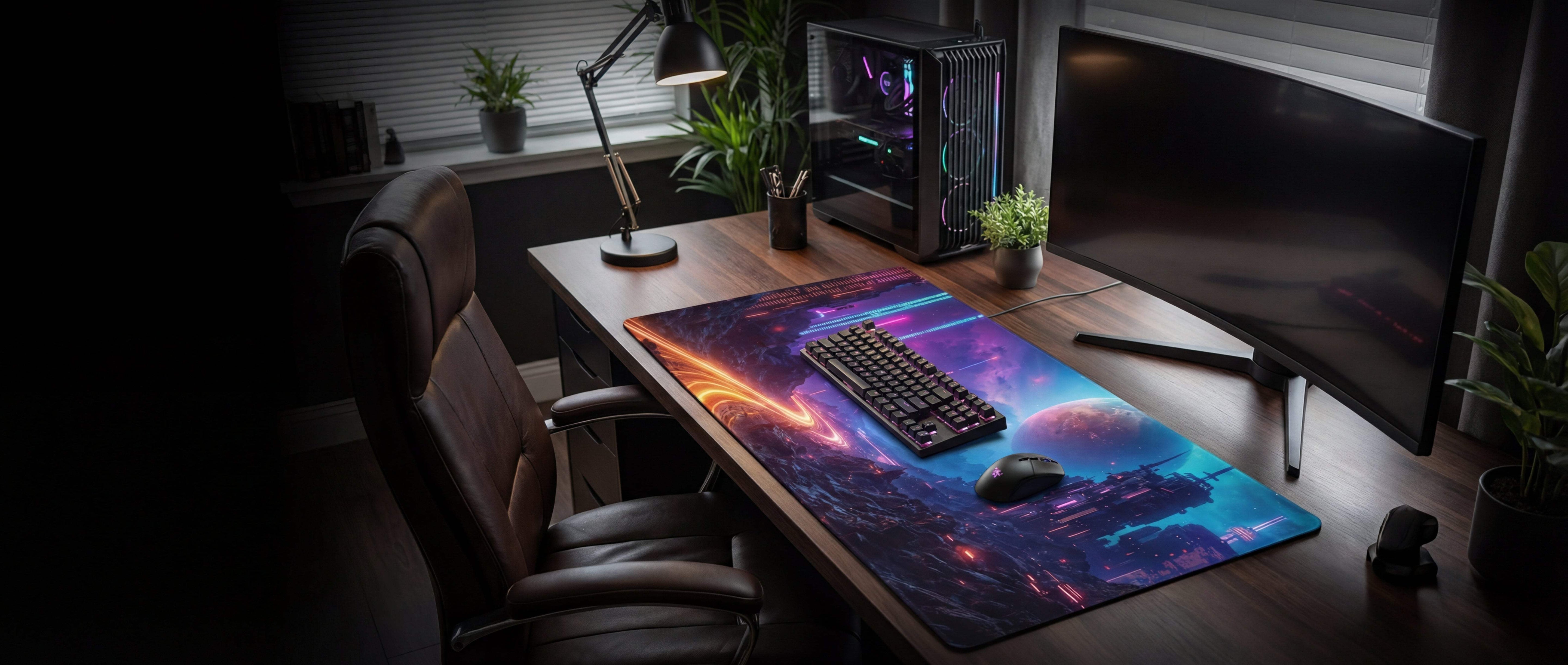 A vibrant, cosmic-themed gaming mousepad with a glossy surface featuring swirling nebulae in shades of purple and orange.