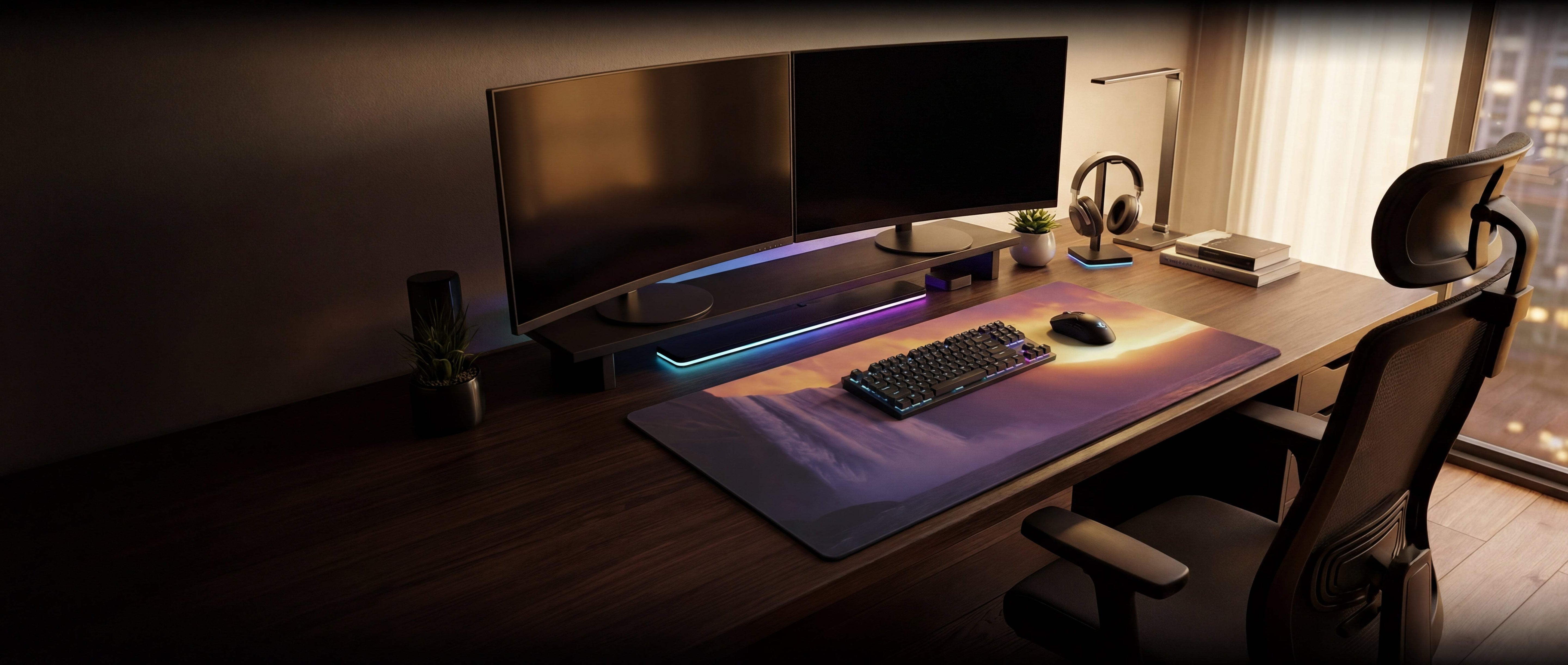 A sleek, rectangular gaming mousepad with a gradient of purple and blue hues under ambient lighting.