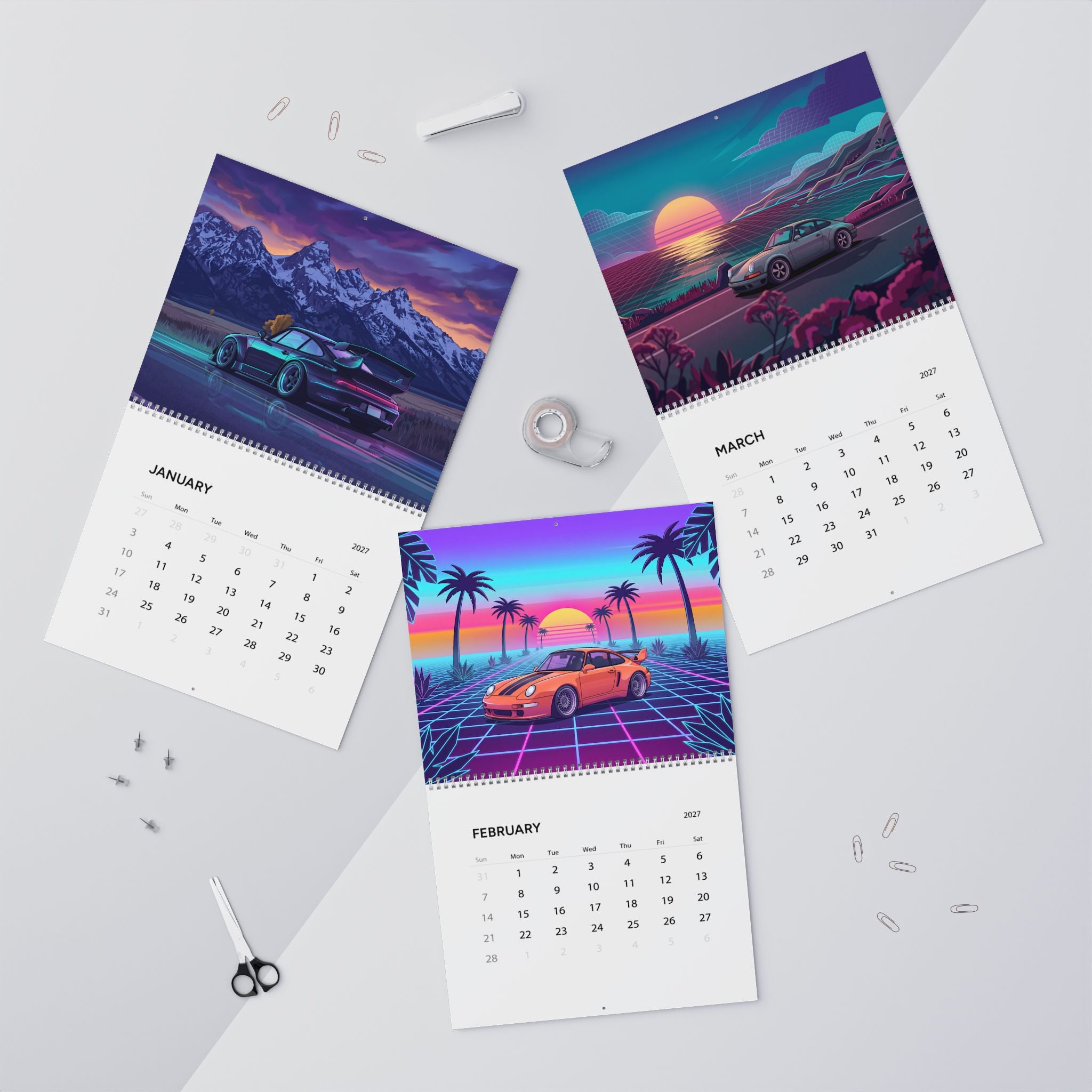 2027 Classic Porsche Inspired Vaporwave Wall Calendar – Retro Sports Car Neon Artwork Collection