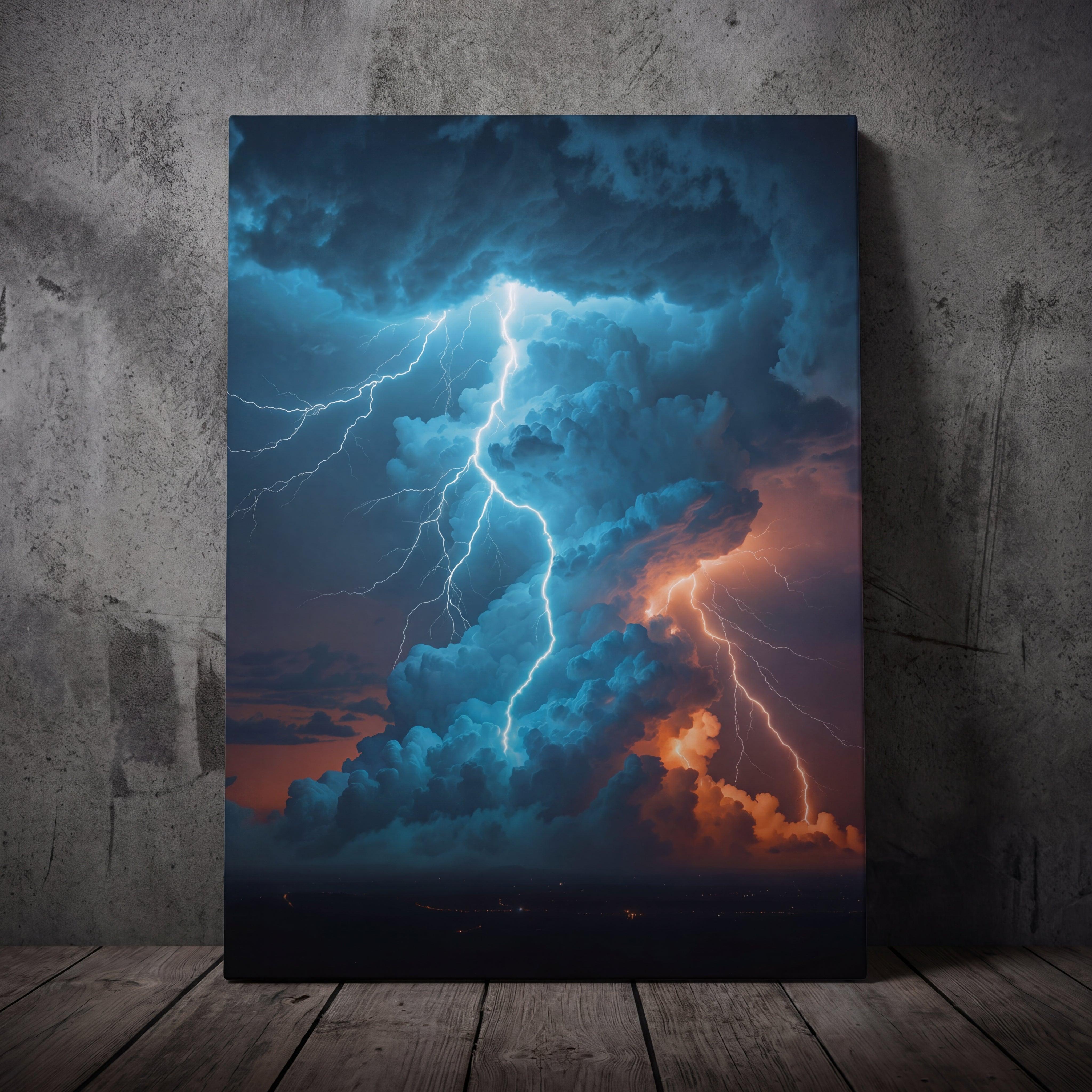 A vibrant canvas print depicting a dramatic thunderstorm with vivid blue and orange lightning striking through dark clouds.
