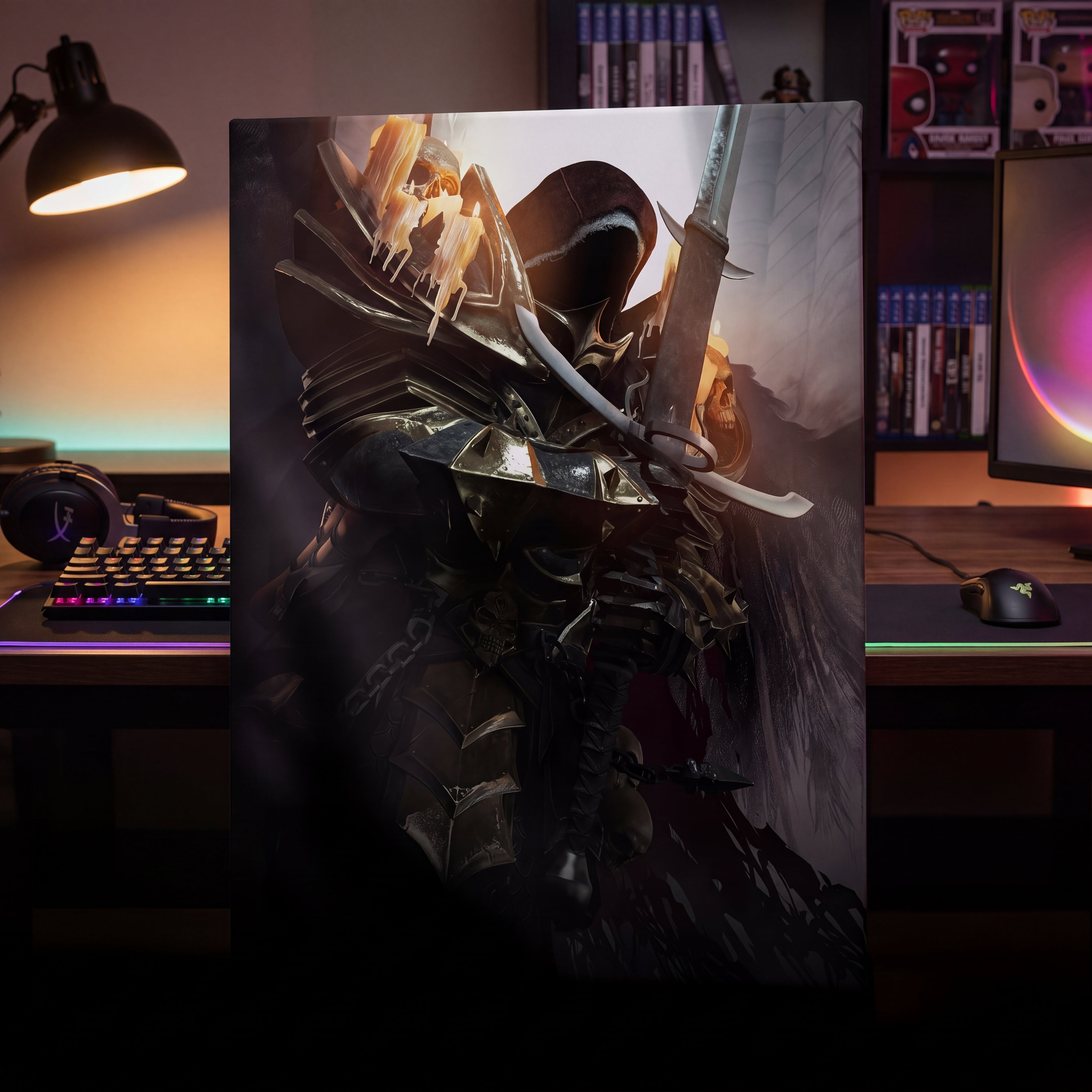 Black and silver armored warrior character illustration on a rectangular gaming desk mat.