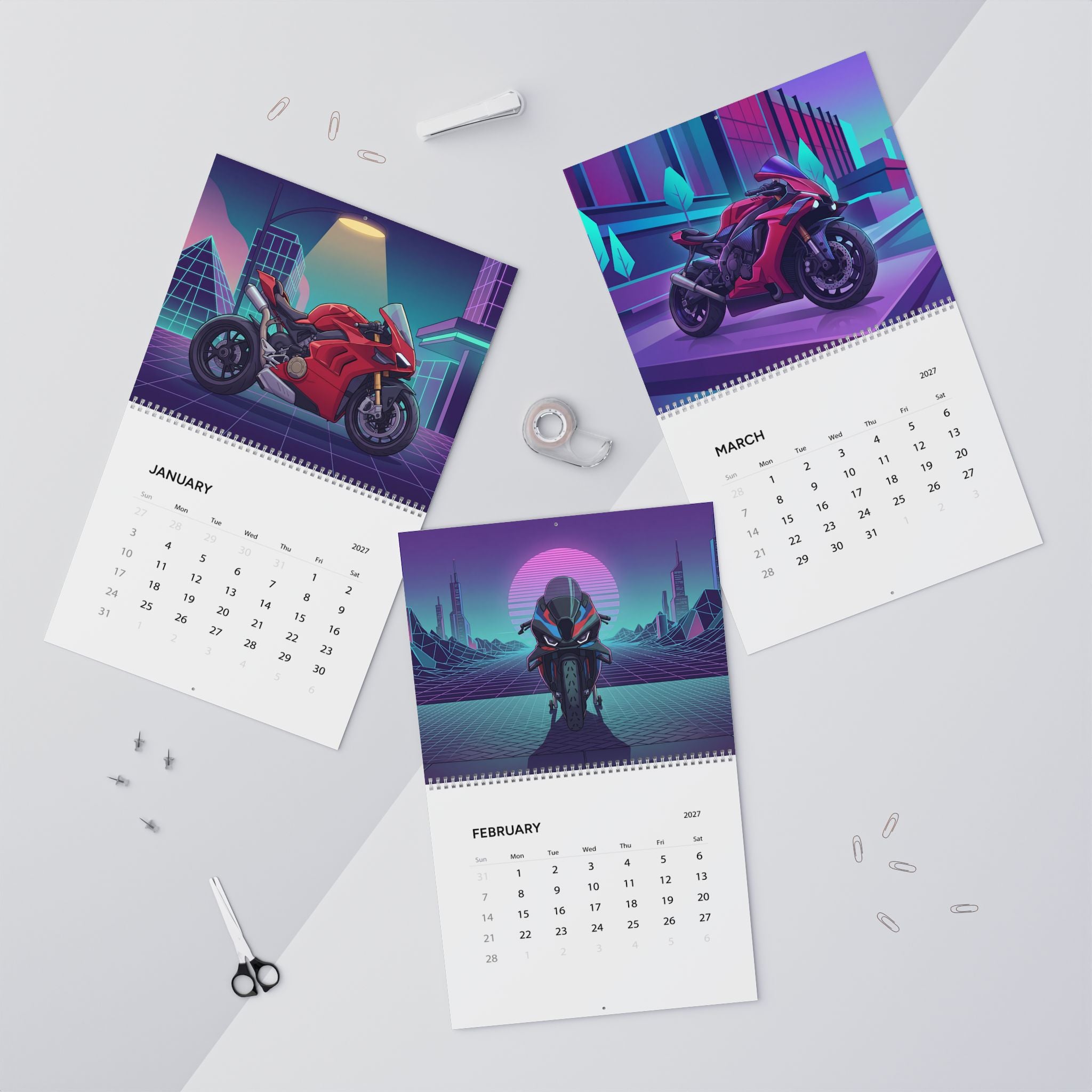 2027 Motorcycle Vaporwave Wall Calendar – Sportbikes, Supersport Motorcycles & Retro Neon Artwork Collection