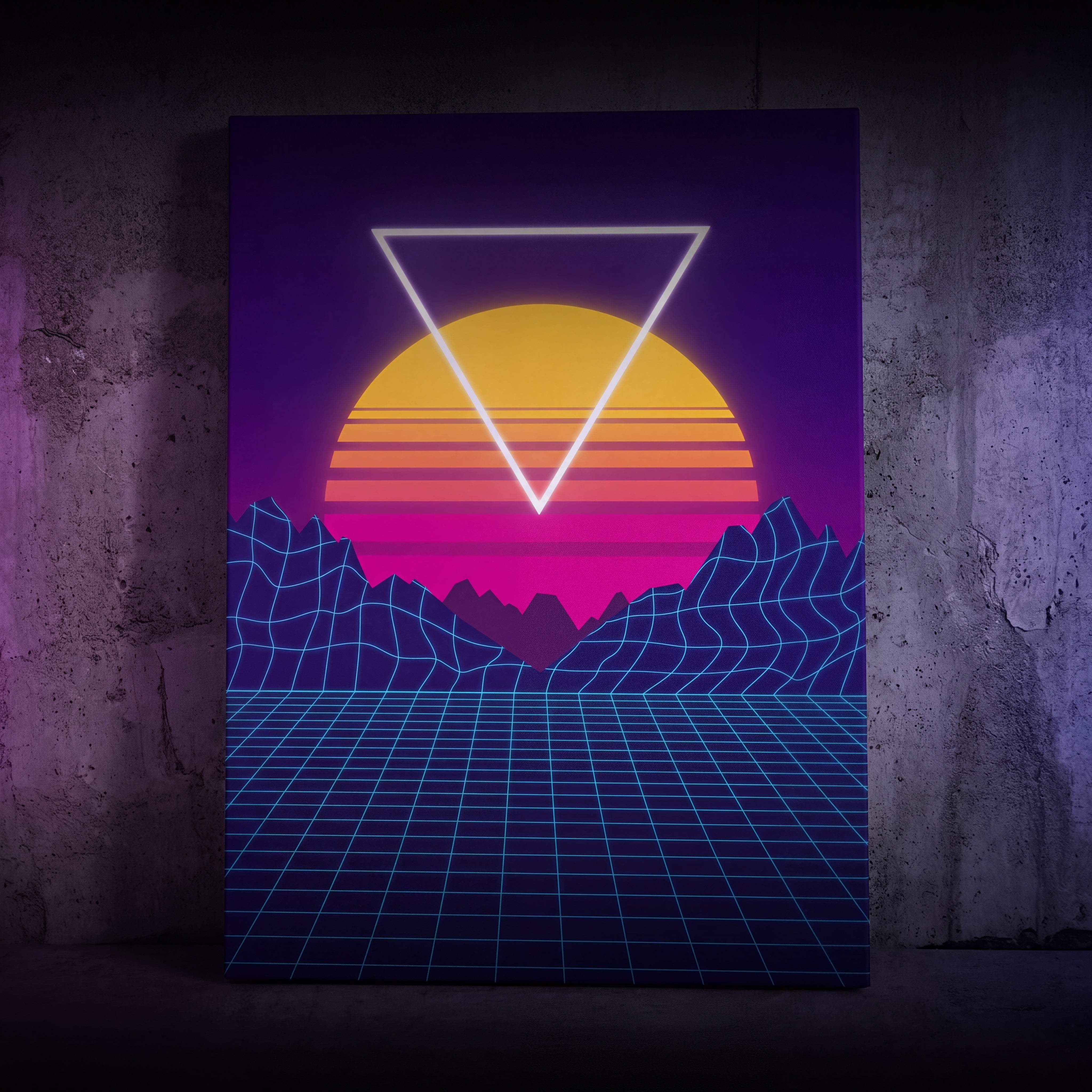 A vibrant retro-futuristic canvas print featuring a glowing yellow-orange sun set behind stylized mountains with blue grid lines and a white inverted triangle, rendered in bold neon hues of purple, pink, and cyan.