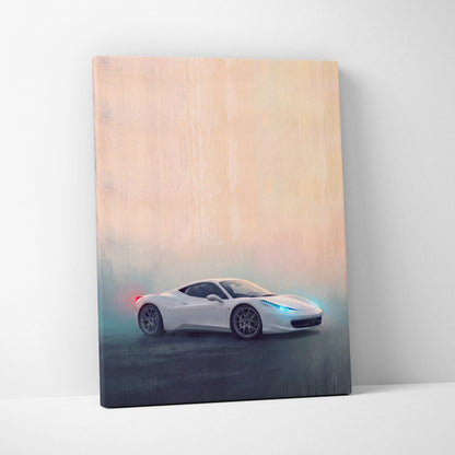 Ferrari 458 italia inspired supercar canvas art featuring a white sports car with glowing blue headlights and red taillights