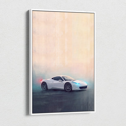 Ferrari 458 italia inspired supercar canvas art print featuring a white sports car with blue headlights and red taillights
