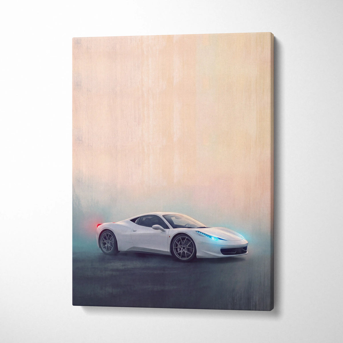 White ferrari 458 italia sports car canvas art print with glowing blue headlights and red taillights on misty background