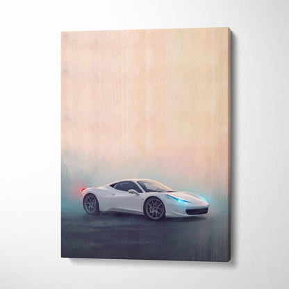 White ferrari 458 italia sports car canvas art print with glowing blue headlights and red taillights on misty background