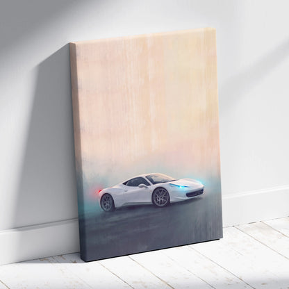 White Ferrari 458 Italia sports car canvas print with glowing blue headlights and red taillights in misty scene
