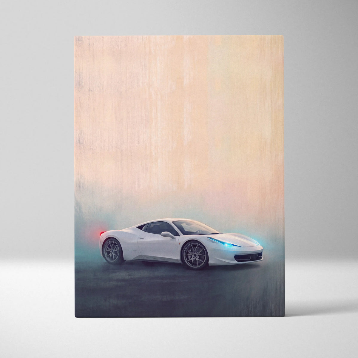 White ferrari 458 italia sports car canvas art print with glowing blue headlights and red taillights on pastel background