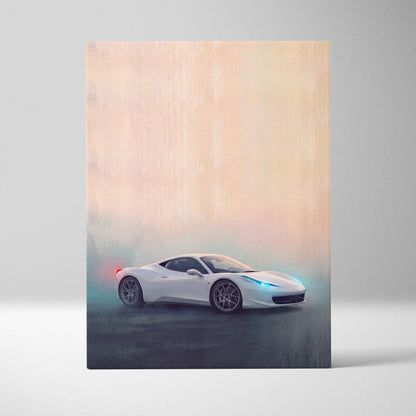 White ferrari 458 italia sports car canvas art print with glowing blue headlights and red taillights on pastel background