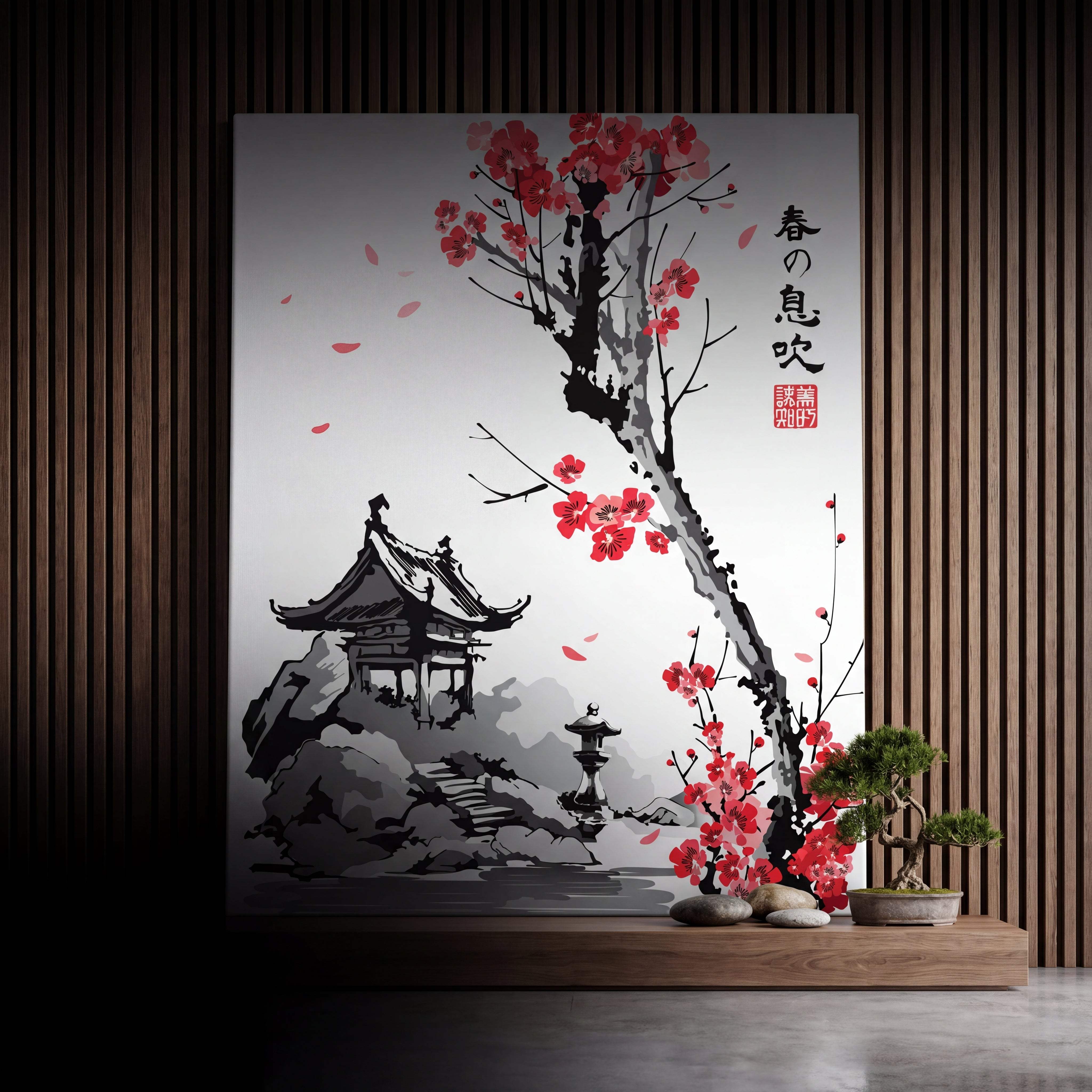 A minimalist black-and-white ink painting with vibrant red cherry blossoms and a traditional japanese pagoda, framed in sleek white.