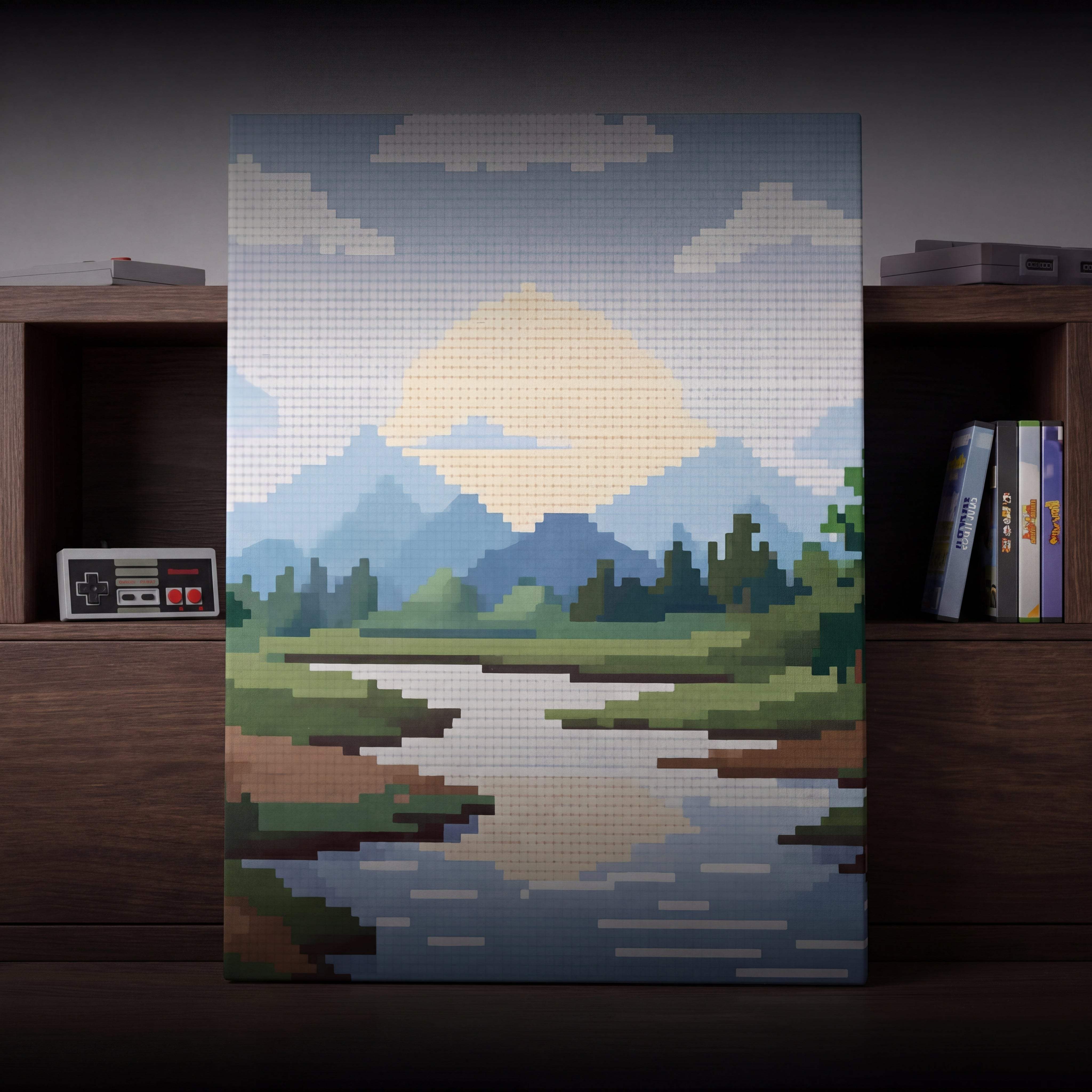 Pixelated landscape canvas depicting a sunset over mountains and a river, constructed from interlocking plastic bricks in shades of blue, green, beige, and gray.
