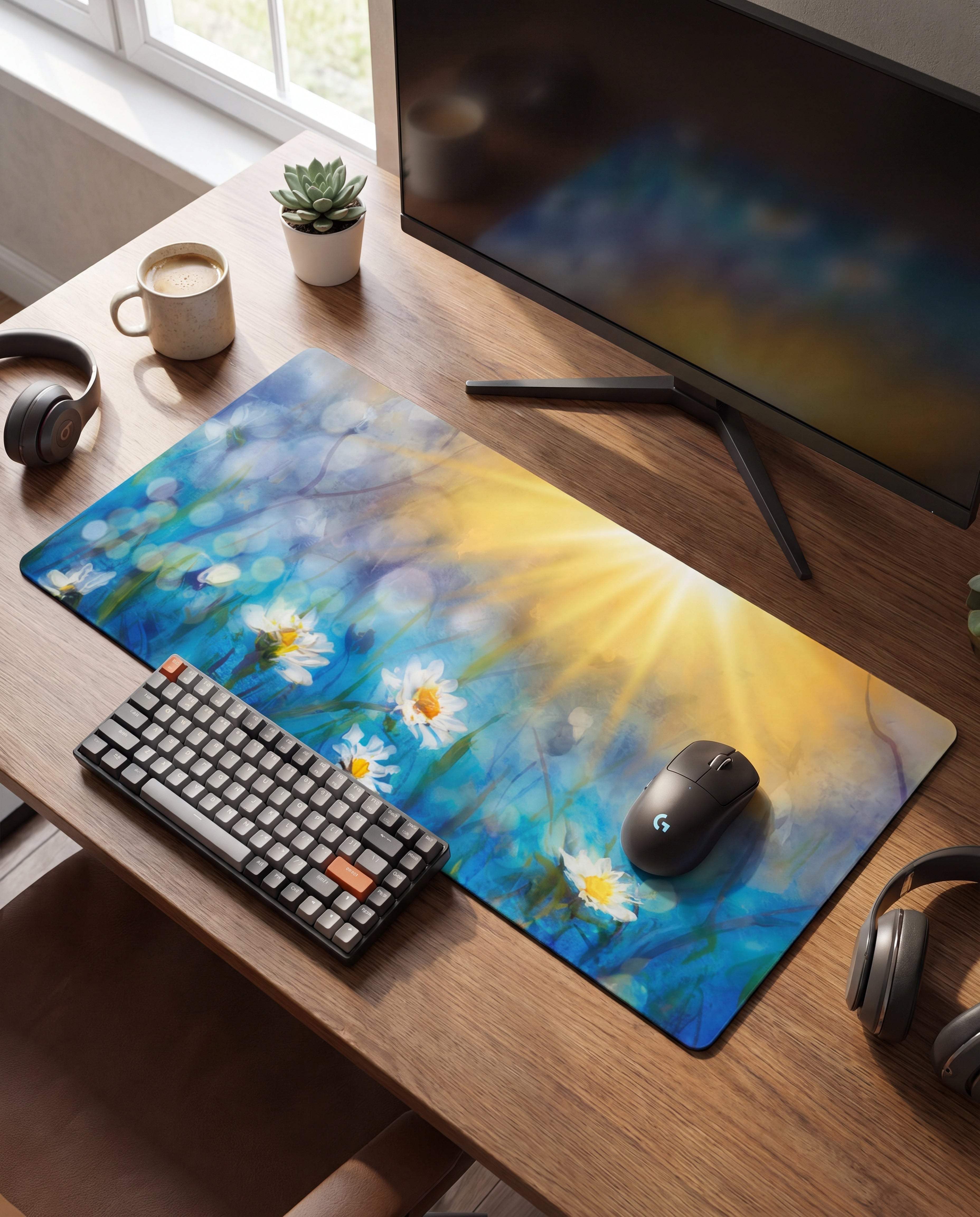 Blue and yellow floral mousepad with white daisies and sunburst design