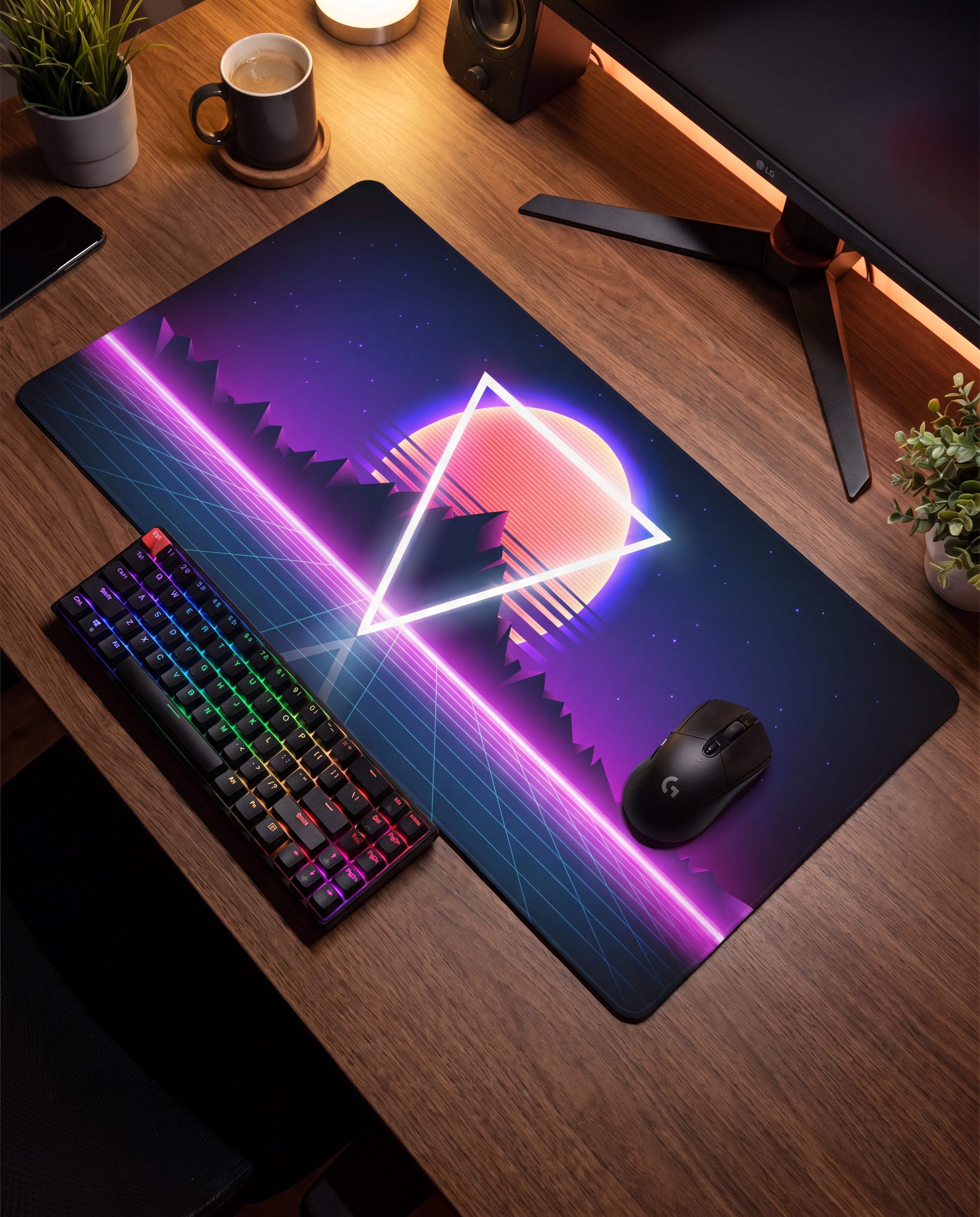 A vibrant neon purple and orange retro-futuristic design mousepad featuring a glowing triangle over a stylized sun against a dark gradient background.