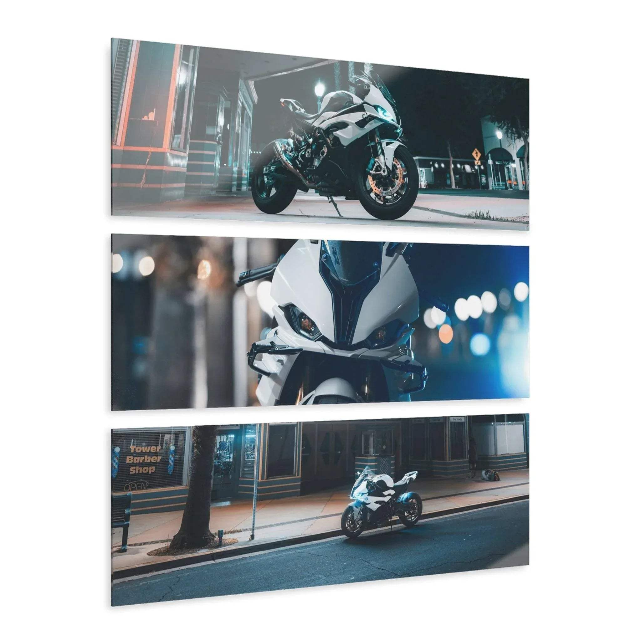 BMW S1000RR motorcycle canvas wall art set with three horizontal panels showing different urban night scenes, canvas art.