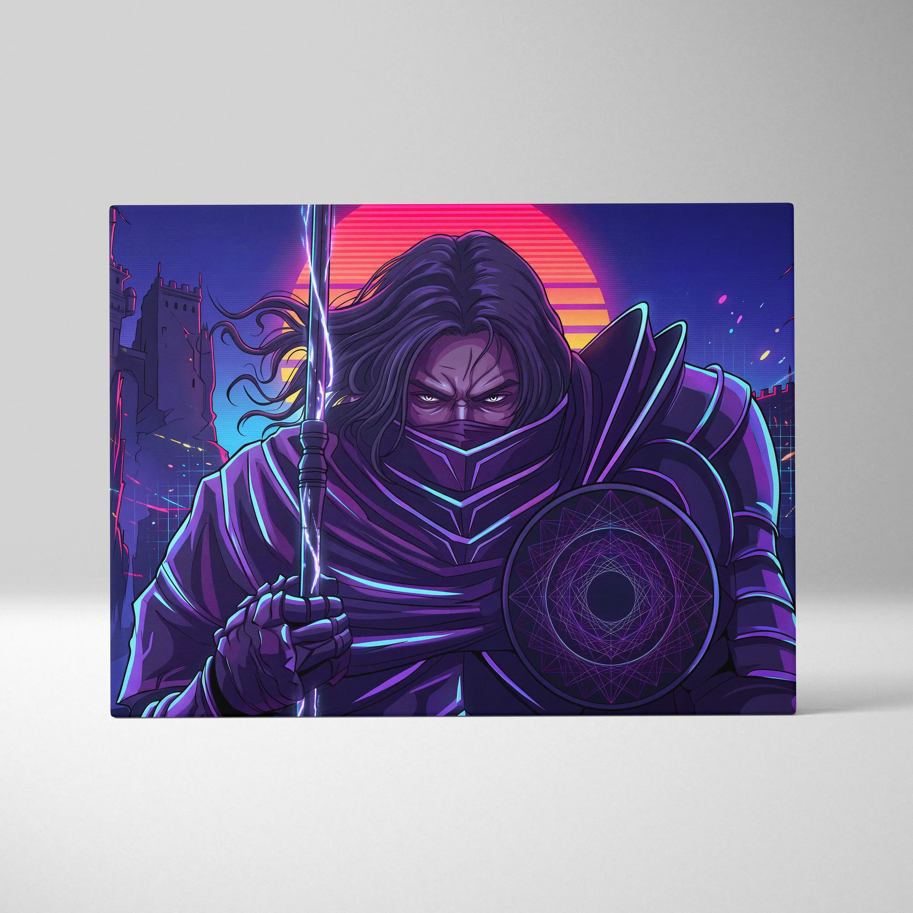 Vaporwave Warrior Neon Sunset Canvas - Vaporwave Warrior Neon Pink Purple Living Room Vaporwave Art Bold Neon Mood Retro Futurism Cyberpunk Wall Art Canvas Print