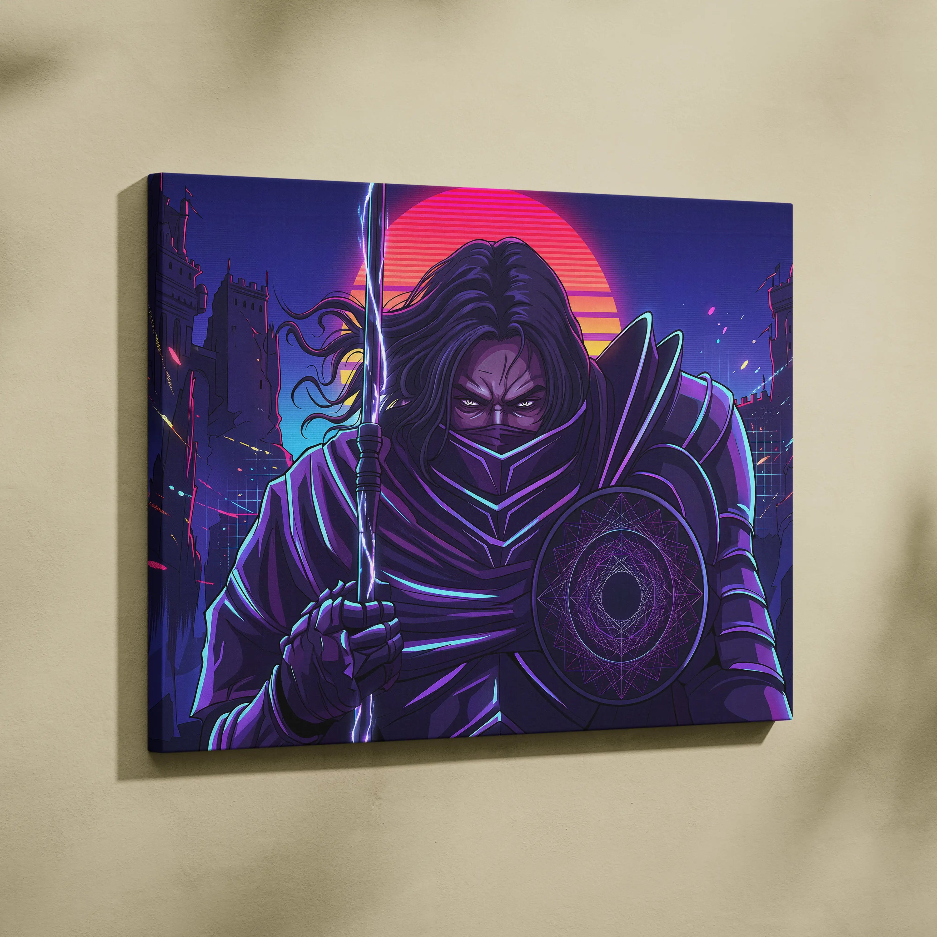 Vaporwave Warrior Neon Sunset Canvas - Vaporwave Warrior Neon Pink Purple Living Room Vaporwave Art Bold Neon Mood Retro Futurism Cyberpunk Wall Art Canvas Print