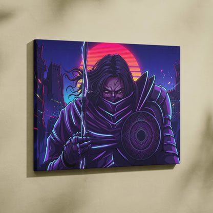 Vaporwave Warrior Neon Sunset Canvas - Vaporwave Warrior Neon Pink Purple Living Room Vaporwave Art Bold Neon Mood Retro Futurism Cyberpunk Wall Art Canvas Print