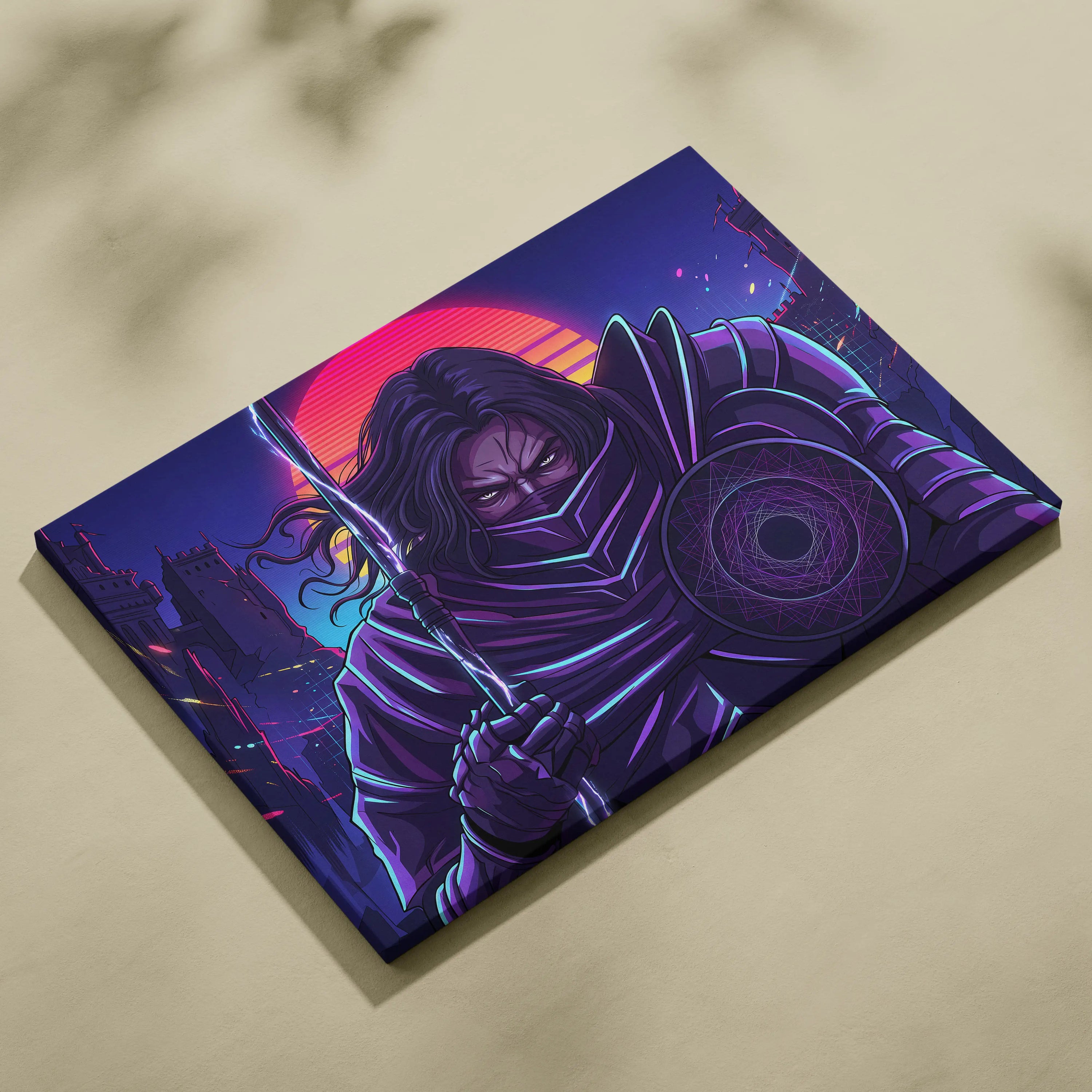 Vaporwave Warrior Neon Sunset Canvas - Vaporwave Warrior Neon Pink Purple Living Room Vaporwave Art Bold Neon Mood Retro Futurism Cyberpunk Wall Art Canvas Print