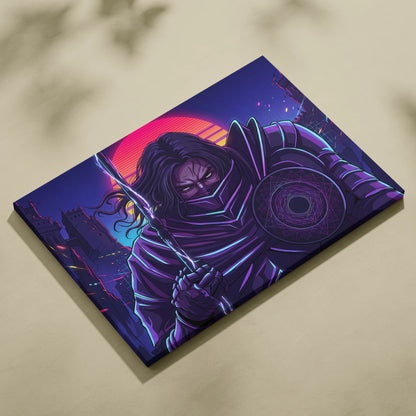 Vaporwave Warrior Neon Sunset Canvas - Vaporwave Warrior Neon Pink Purple Living Room Vaporwave Art Bold Neon Mood Retro Futurism Cyberpunk Wall Art Canvas Print