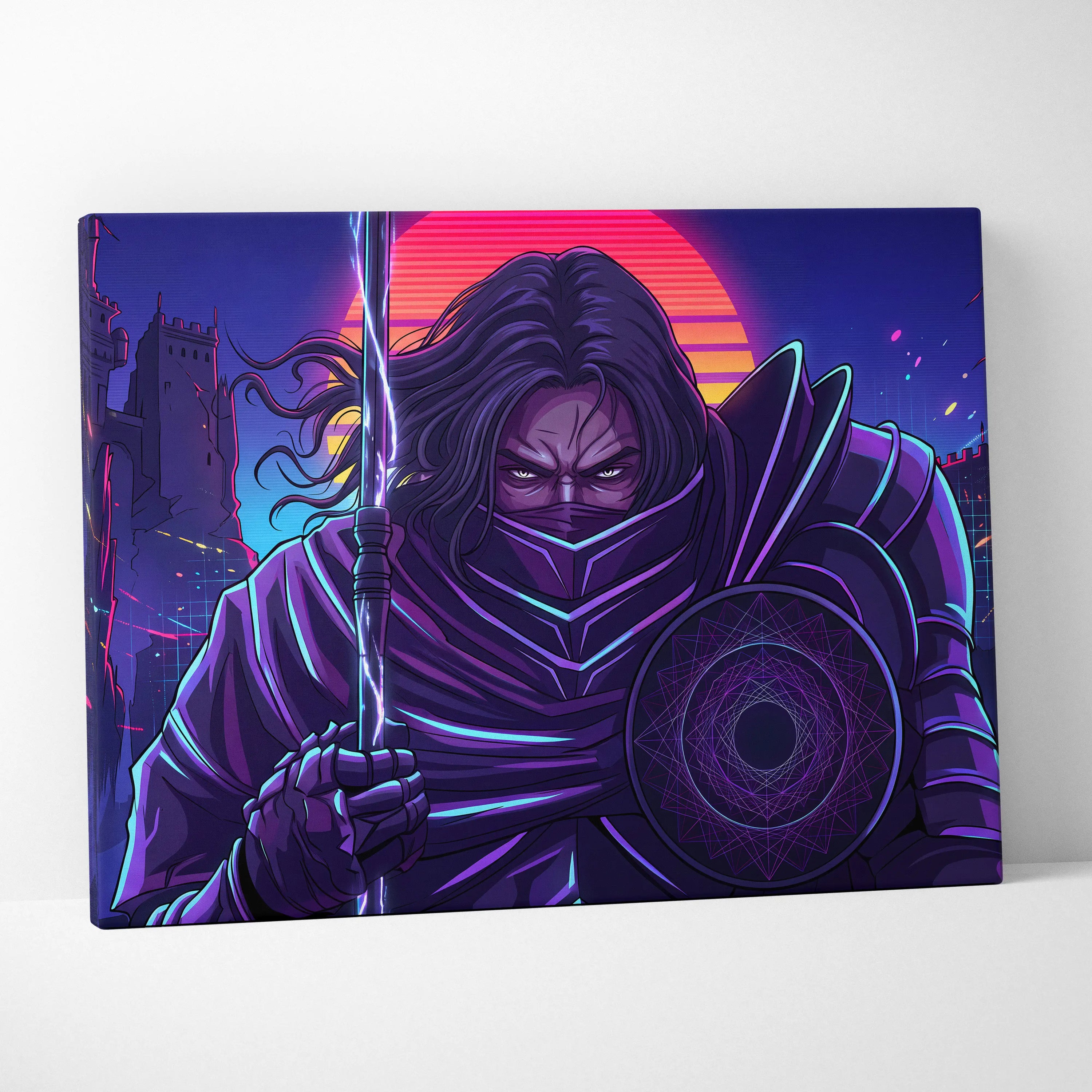 Vaporwave Warrior Neon Sunset Canvas - Vaporwave Warrior Neon Pink Purple Living Room Vaporwave Art Bold Neon Mood Retro Futurism Cyberpunk Wall Art Canvas Print