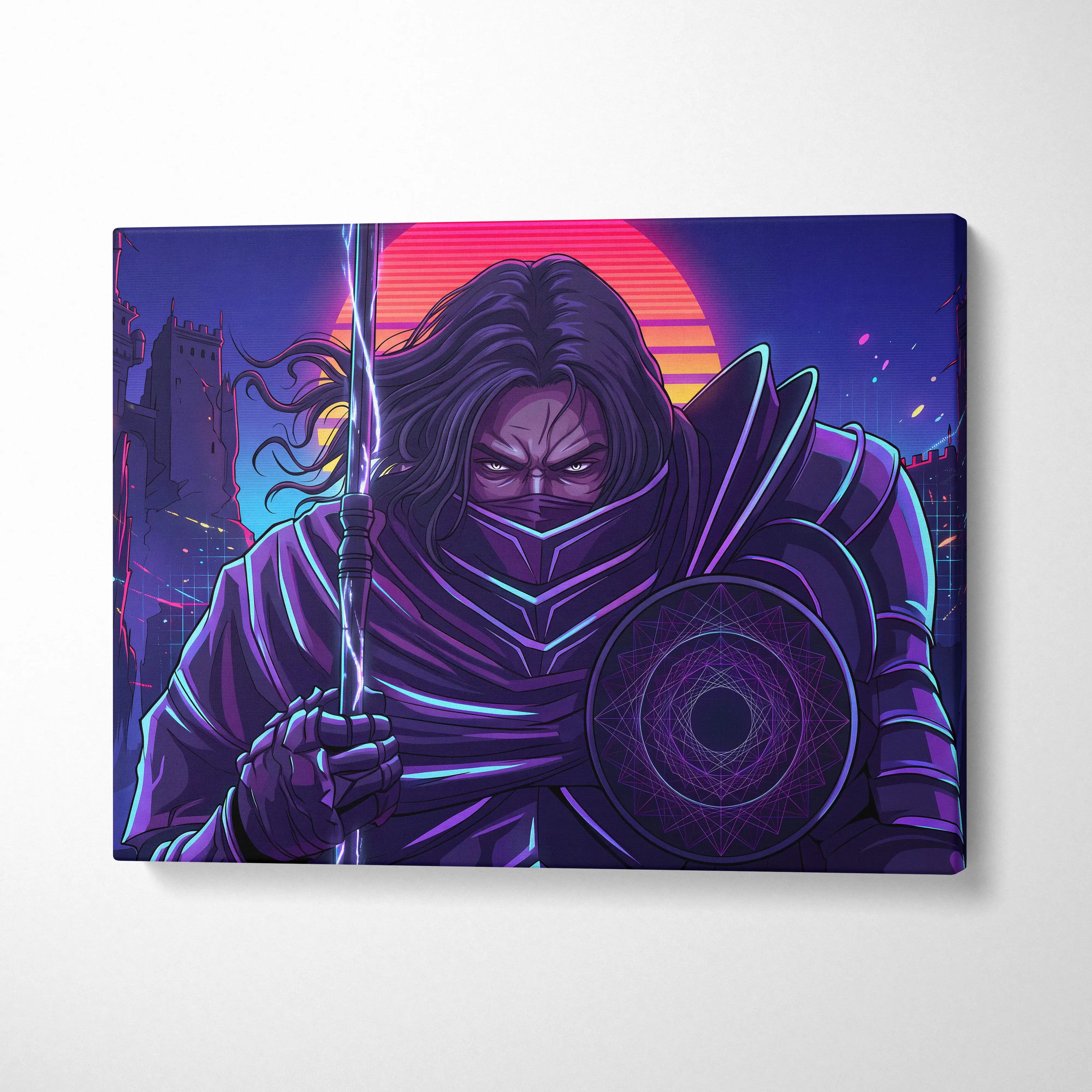 Vaporwave Warrior Neon Sunset Canvas - Vaporwave Warrior Neon Pink Purple Living Room Vaporwave Art Bold Neon Mood Retro Futurism Cyberpunk Wall Art Canvas Print
