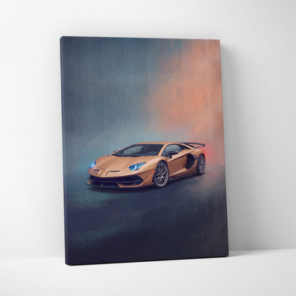 A canvas print of a golden Lamborghini Aventador SVJ with glowing blue headlights on a gradient background