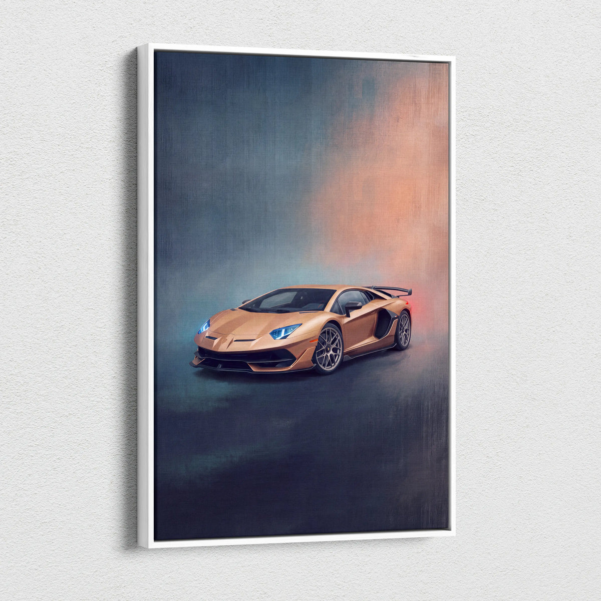 A framed canvas print of a golden Lamborghini Aventador SVJ with glowing blue headlights and red taillights on gradient background