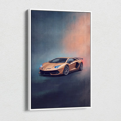 A framed canvas print of a golden Lamborghini Aventador SVJ with glowing blue headlights and red taillights on gradient background