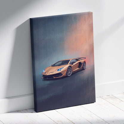Lamborghini Aventador SVJ inspired canvas wall art featuring a golden car with glowing blue headlights on gradient background