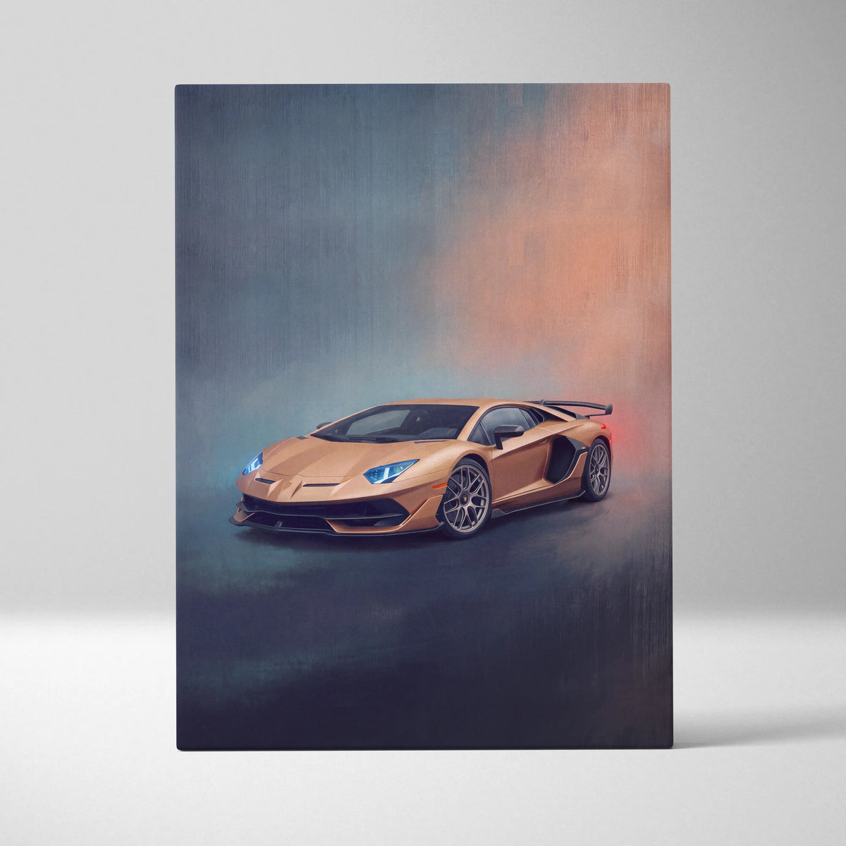 Lamborghini Aventador SVJ inspired gold canvas painting with sleek aerodynamic design and glowing blue headlights